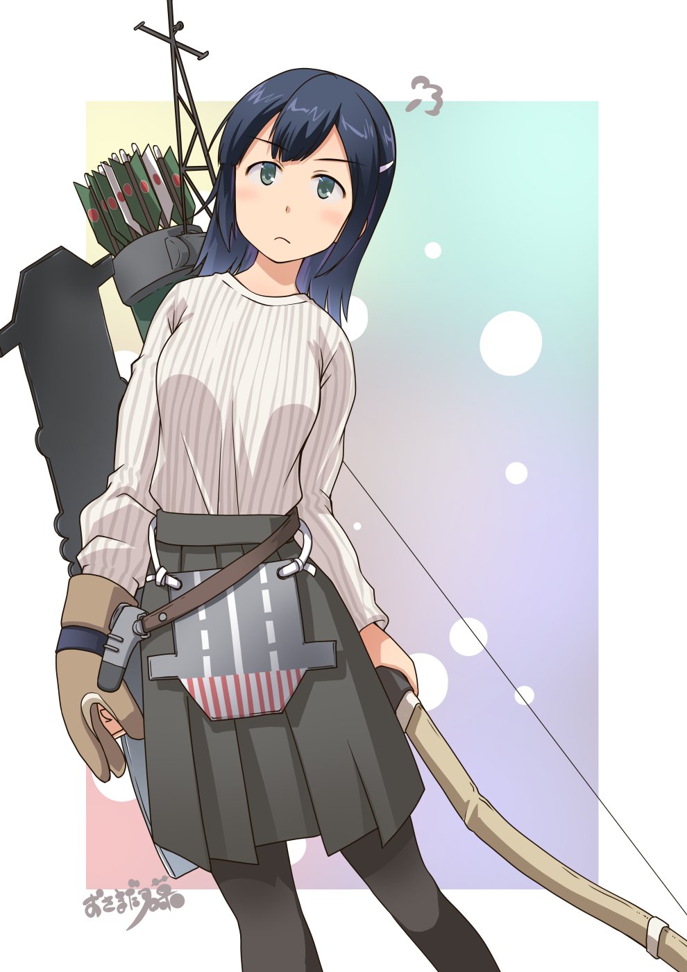 1girl alternate_costume alternate_hairstyle archery arrow_(projectile) black_hair black_skirt blue_eyes bow_(weapon) breasts brown_gloves flight_deck frown gloves hair_ornament hairclip high-waist_skirt highres kantai_collection large_breasts long_hair looking_at_viewer osamada_meika pantyhose partly_fingerless_gloves pleated_skirt quiver rigging single_glove skirt solo souryuu_(kantai_collection) sweater tareme weapon white_sweater yugake