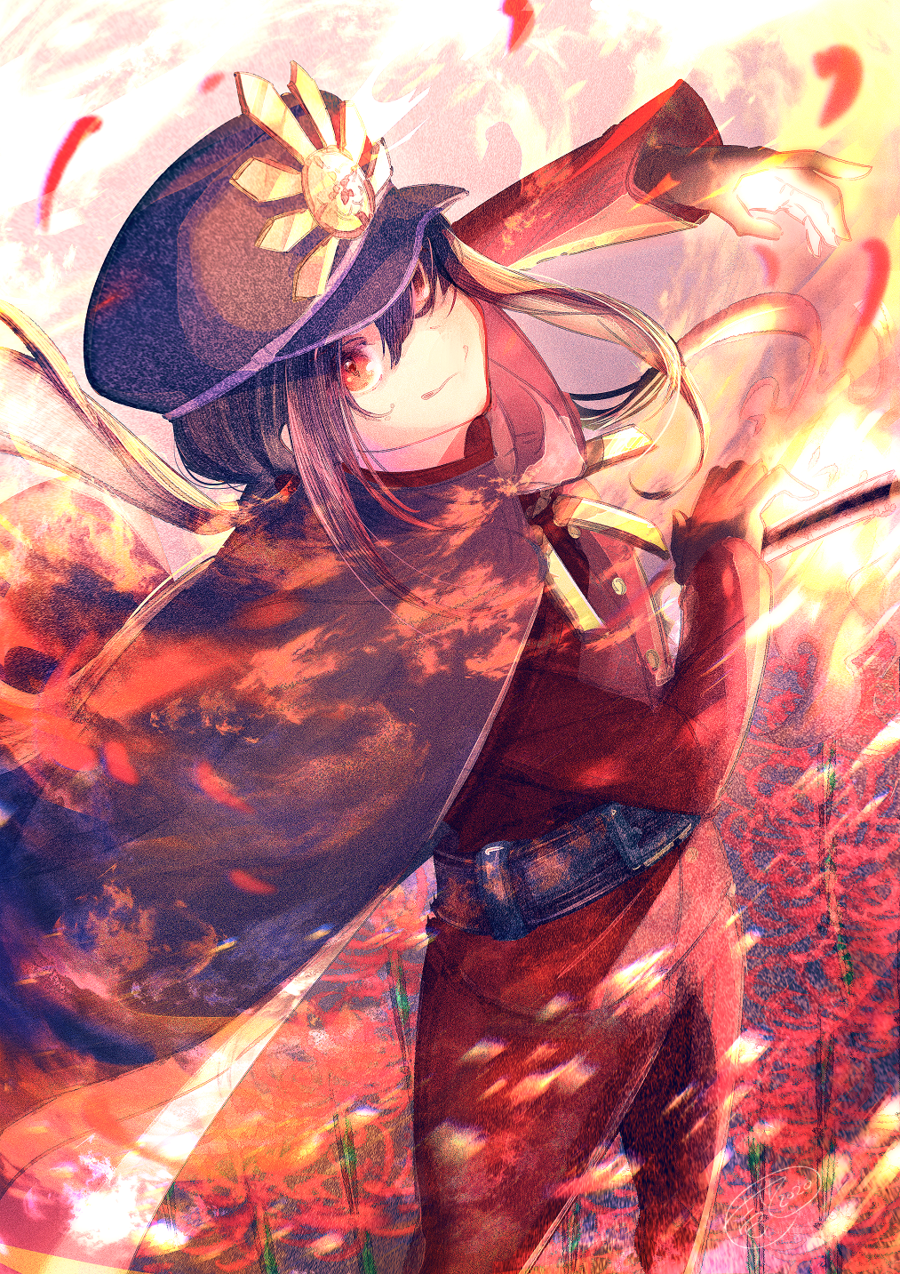 1boy bangs belt belt_buckle black_belt black_cape black_gloves black_hair black_headwear buckle cape closed_mouth commentary_request fate/grand_order fate_(series) floating_hair flower gloves hair_between_eyes hat highres ittokyu jacket long_hair long_sleeves looking_at_viewer low_ponytail male_focus oda_nobukatsu_(fate/grand_order) pants peaked_cap petals ponytail red_eyes red_flower red_jacket red_pants smile solo spider_lily standing
