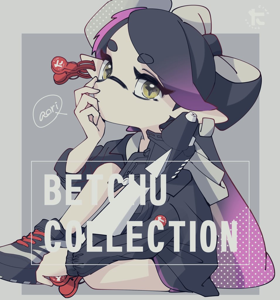 +_+ 1girl aori_(splatoon) bangs black_footwear black_hair black_jacket black_shorts brown_eyes character_name chin_rest closed_mouth commentary dolphin_shorts domino_mask ear_clip earrings english_text eyebrows_visible_through_hair food food_on_head gradient_hair grey_background holding holding_weapon hood hood_down hoodie jacket jewelry knee_up logo long_hair long_sleeves looking_at_viewer mask mokokoiro mole mole_under_eye multicolored_hair object_on_head purple_hair shoes short_shorts shorts sitting sneakers solo splatoon_(series) splatoon_2 splattershot_pro_(splatoon) sushi swept_bangs tentacle_hair tied_hair very_long_hair weapon