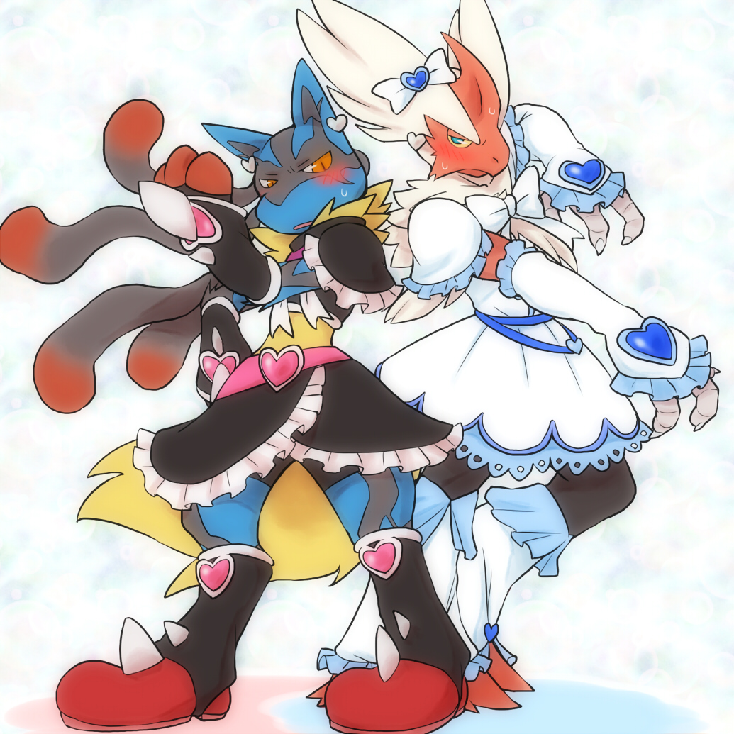 1:1 3_fingers 3_toes ambiguous_gender anthro black_body black_clothing blue_body blue_clothing blush bodily_fluids clothed clothing cotton_(artist) duo fingers fur magical_girl_outfit mega_blaziken mega_evolution mega_lucario nintendo open_mouth pok&eacute;mon pok&eacute;mon_(species) pose pretty_cure red_body spikes spikes_(anatomy) sweat talons toes video_games white_body white_clothing yellow_body yellow_fur