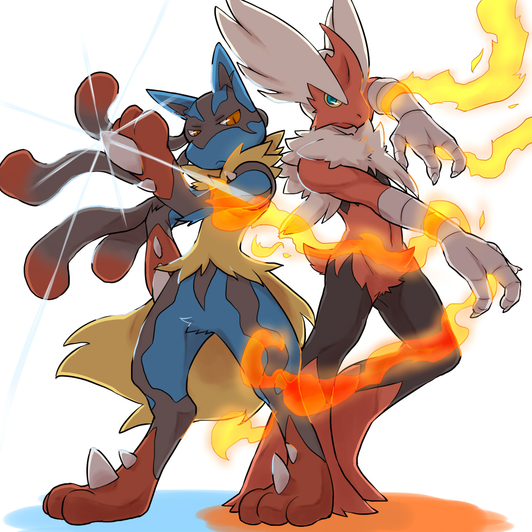 1:1 3_fingers 3_toes ambiguous_gender anthro black_body blue_body blue_fur cotton_(artist) duo fingers fire fur mega_blaziken mega_evolution mega_lucario nintendo pok&eacute;mon pok&eacute;mon_(species) pose red_body red_eyes simple_background spikes spikes_(anatomy) talons toes video_games white_background white_body yellow_body yellow_fur