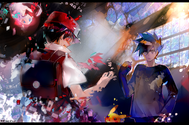 2boys atsumi_jun backpack bag bangs baseball_cap black_hair blue_oak brown_backpack commentary_request gen_1_pokemon hat holding holding_poke_ball jewelry lens_flare light_beam long_sleeves looking_at_another looking_back mew multiple_boys mythical_pokemon necklace pikachu poke_ball poke_ball_(basic) pokemon pokemon_(creature) pokemon_(game) pokemon_rgby red_(pokemon) short_sleeves spiked_hair sweatdrop teeth