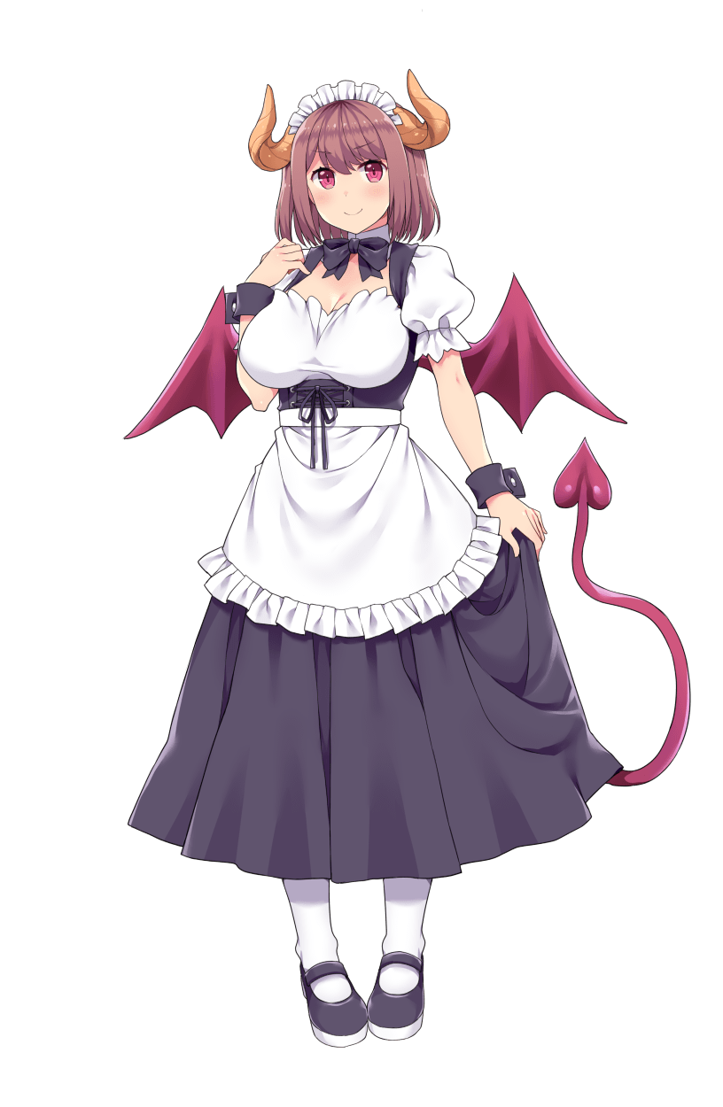1girl amane_hasuhito apron black_footwear breasts brown_hair curled_horns demon_girl demon_horns demon_tail demon_wings frilled_apron frills full_body highres horns large_breasts loafers maid maid_dress maid_headdress monster_girl original puffy_short_sleeves puffy_sleeves red_eyes shoes short_hair short_sleeves simple_background smile solo standing tail white_apron white_background white_legwear wings wrist_cuffs