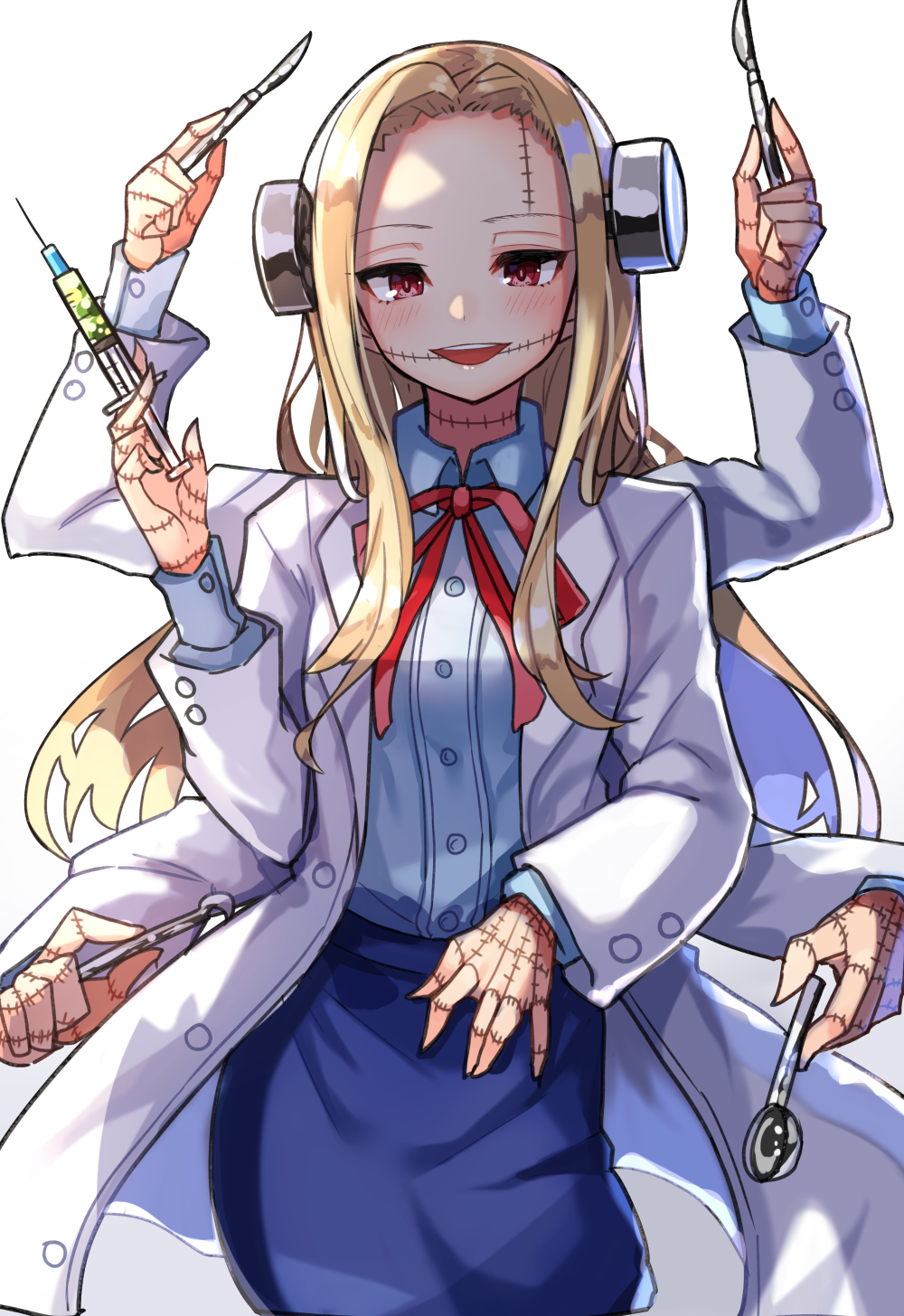 1girl blonde_hair blue_shirt blue_skirt bolt coat collared_shirt cowboy_shot extra_arms franken_fran glasgow_smile highres holding holding_syringe labcoat long_hair long_sleeves madaraki_fran neck_ribbon plan_(planhaplalan) red_ribbon ribbon scalpel shirt skirt solo standing stitches syringe white_background white_coat