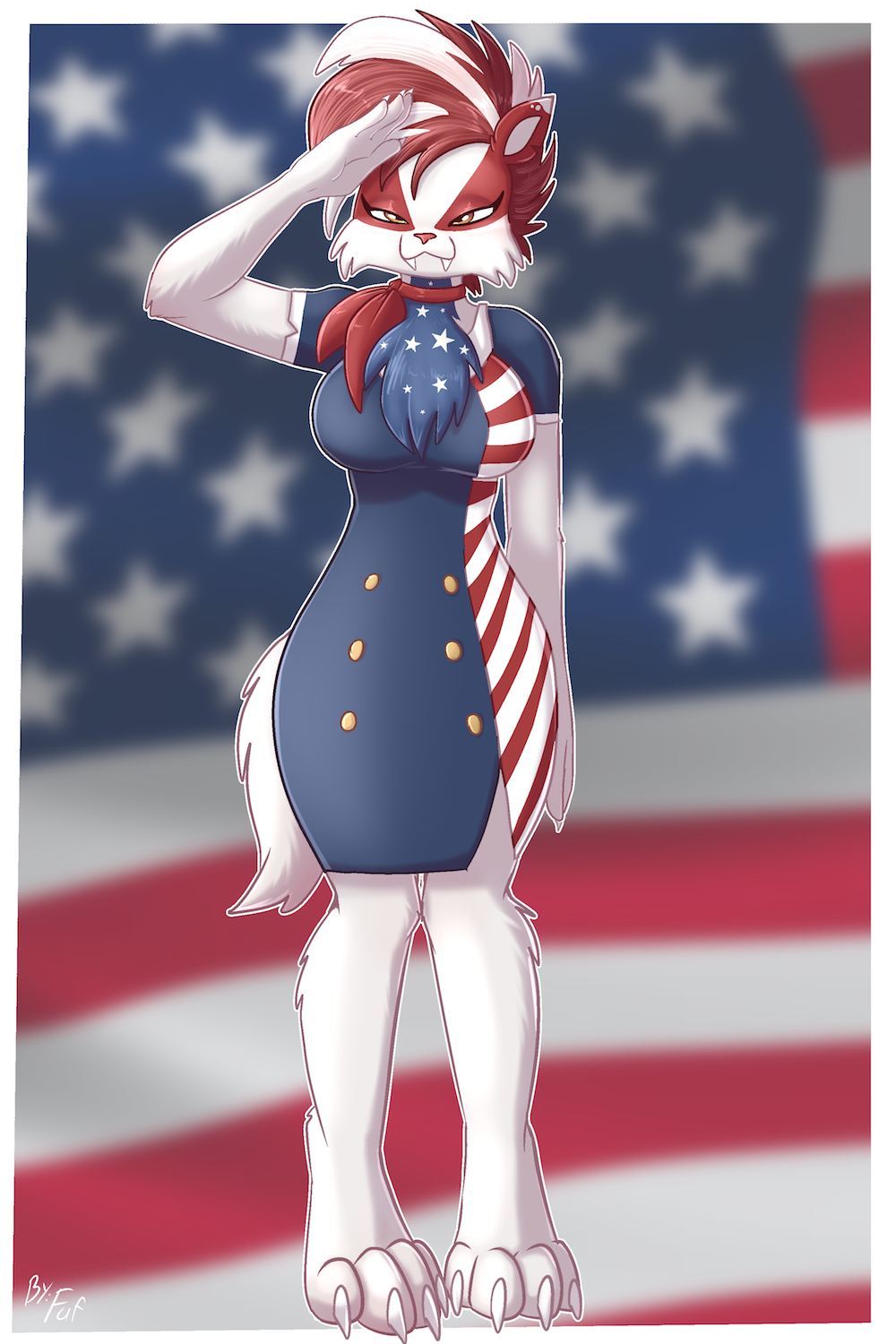 2:3 anthro badger breasts chest_tuft fangs female fuf gesture hi_res mammal mustelid musteline salute solo stars_and_stripes tuft united_states_of_america yellow_eyes