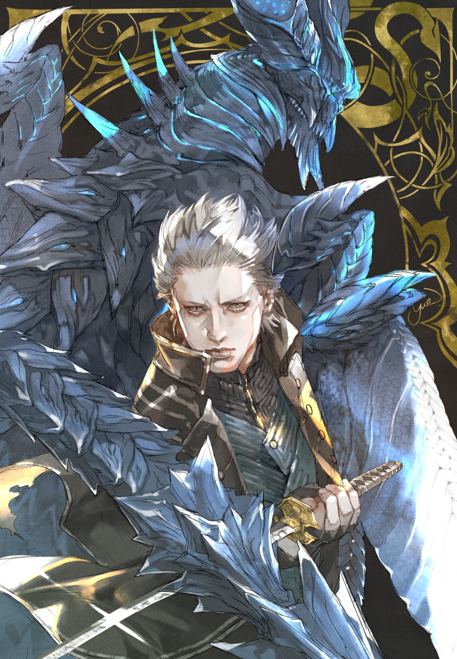 2boys back-to-back black_coat black_gloves blue_eyes blue_vest closed_mouth coat demon demon_horns devil_may_cry devil_may_cry_5 dual_persona fingerless_gloves gloves grey_eyes highres holding holding_sword holding_weapon horns katana long_coat long_sleeves looking_at_viewer male_focus memento1113 multiple_boys scales sin_devil_trigger sword tail upper_body vergil vest weapon white_hair wings yamato_(sword)