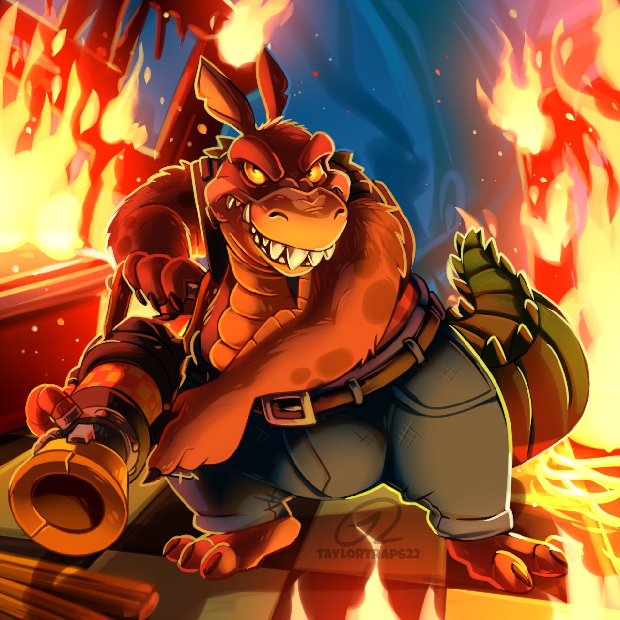 1:1 2020 3_toes 4_fingers activision angry anthro barefoot belt big_tail black_eyes bottomwear brown_body brown_ears brown_fur canid canine canis claws clothed clothing crash_bandicoot_(series) crocodile crocodilian crocodylid detailed detailed_background diner dingo dingodile fingers fire flamethrower fur green_tail hi_res hybrid looking_at_viewer male mammal multicolored_body multicolored_fur notched_ear pants pupils ranged_weapon reptile ruins scalie sharp_claws sharp_teeth solo standing tan_body tan_nose tan_skin taylortrap622 teeth thick_tail thick_thighs toe_claws toes topwear two_tone_body two_tone_fur vest video_games weapon wide_hips yellow_sclera