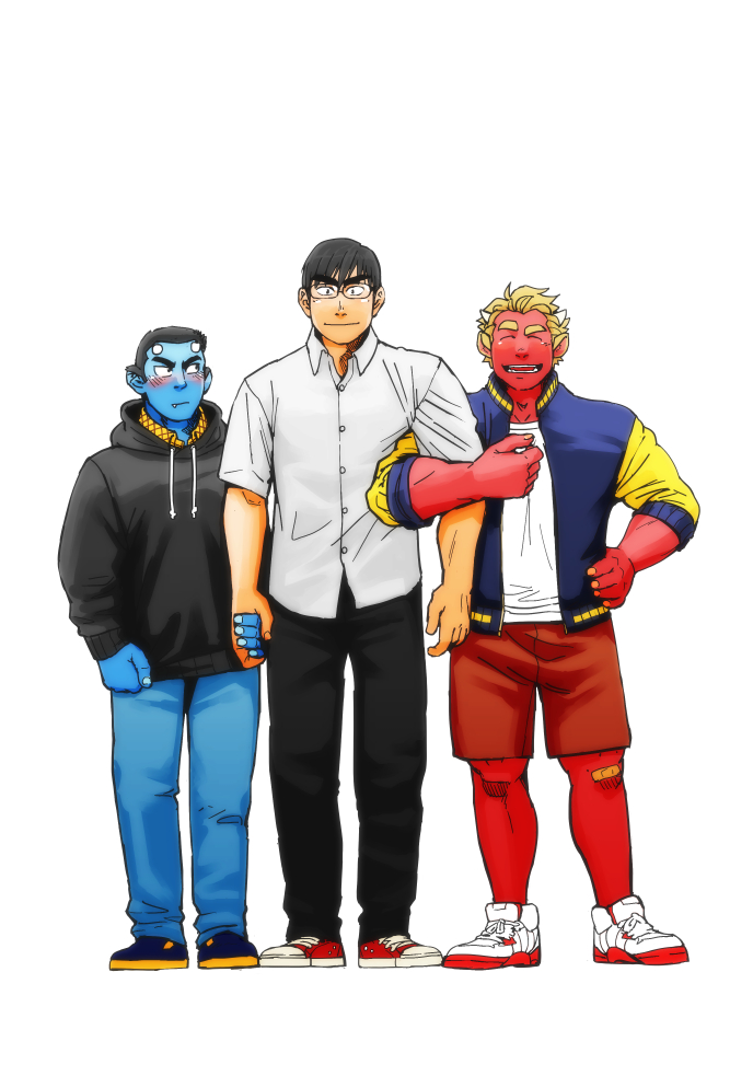 3boys bara black_eyes black_hair black_pants blonde_hair blue_eyes blue_oni blue_oni_(chijimetaro) blue_skin blush chijimetaro denim full_body glasses hands_clasped holding_another's_arm holding_hands horns jeans looking_at_viewer lucky_student_(chijimetaro) male_focus multiple_boys oni oni_horns open_track_jacket original own_hands_together pants pointy_ears red_oni red_oni_(chijimetaro) red_skin shoes short_hair shorts younger