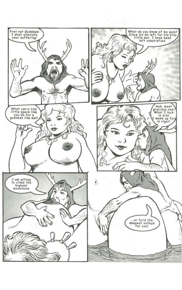 big_breasts breast_suck breasts cape caveman clothing comic deity duo english_text female human humanoid jewelry karno kissing_cheek larger_female macro male male/female mammal necklace not_furry nude rubbing_pussy size_difference smaller_male sucking text