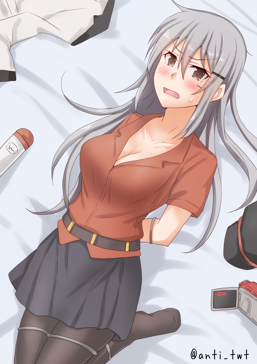 1girl anti_(untea9) bed black_headwear black_legwear black_skirt blush bound breasts brown_eyes camcorder cleavage collarbone commentary_request facial_scar gangut_(kantai_collection) grey_hair hat hat_removed headwear_removed highres jacket jacket_removed kantai_collection large_breasts long_hair looking_at_viewer lying pantyhose peaked_cap red_shirt restrained scar scar_on_cheek shirt skirt solo tied_up twitter_username white_jacket