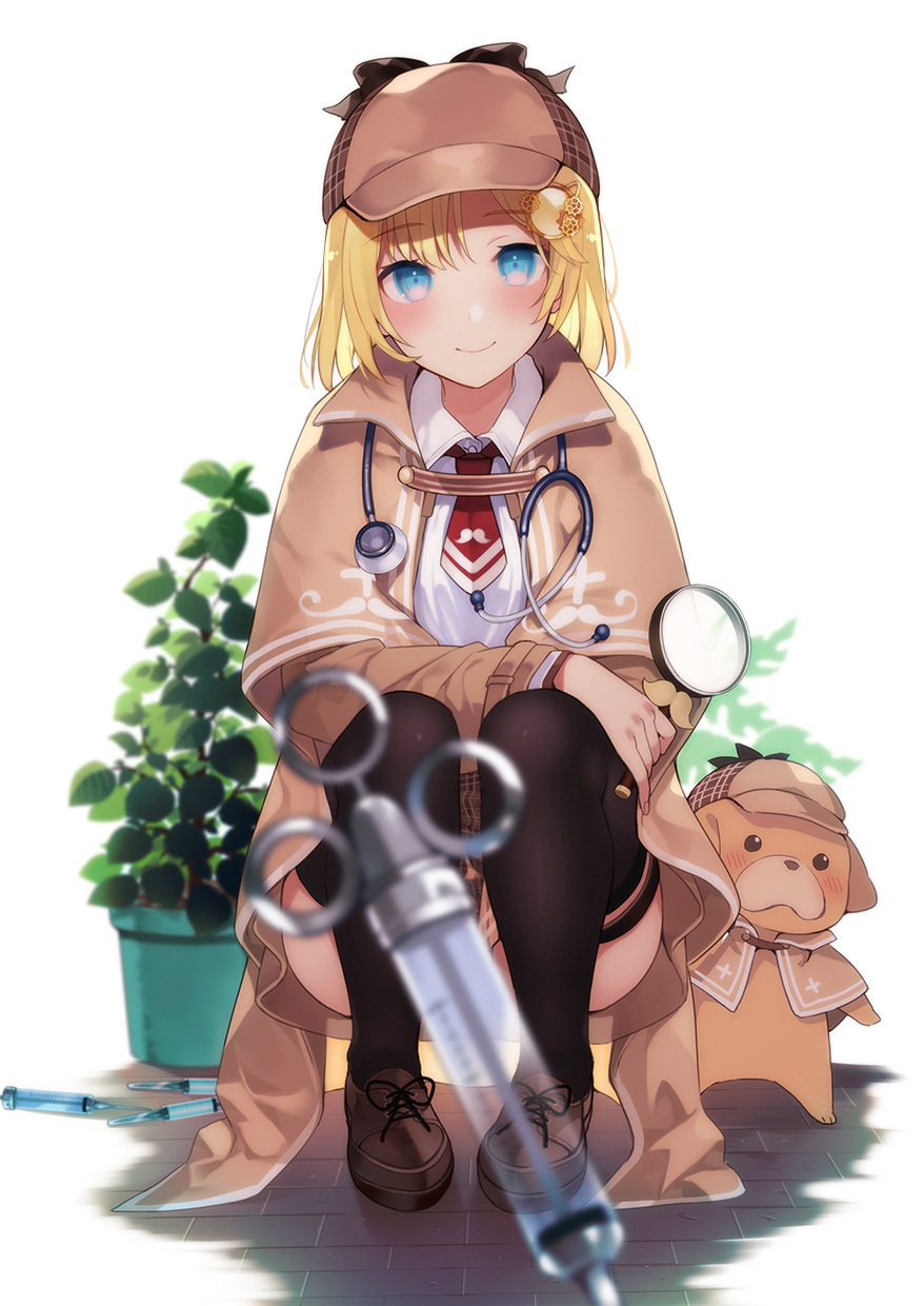 1girl bangs black_legwear blonde_hair blue_eyes blush bubba_(watson_amelia) capelet dog eyebrows_visible_through_hair hair_ornament hase_neet hat highres hololive hololive_english magnifying_glass necktie plant potted_plant short_hair smile squatting stethoscope syringe thighhighs virtual_youtuber watson_amelia