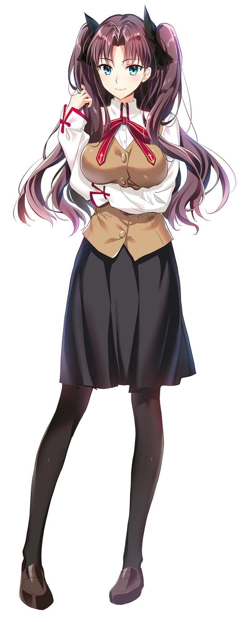 1girl black_hair black_legwear black_skirt breasts brown_footwear brown_vest collared_shirt cross_print fate/stay_night fate_(series) full_body highres homurahara_academy_uniform large_breasts loafers long_hair long_sleeves medium_skirt neck_ribbon print_ribbon red_ribbon ribbon school_uniform shirt shoes simple_background skirt solo standing tohsaka_rin two_side_up vest white_background white_shirt youta