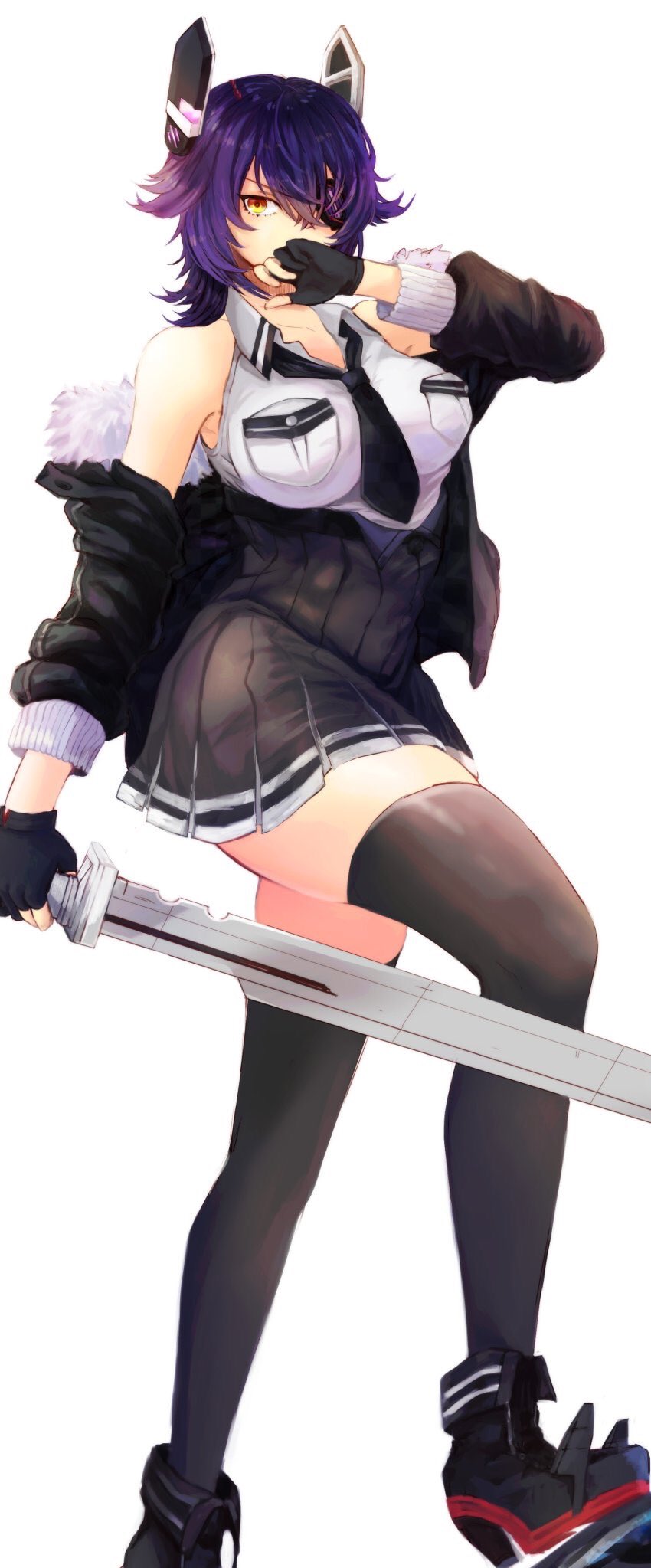 1girl bangs black_gloves black_jacket black_legwear black_neckwear black_skirt breast_pocket breasts eyepatch fur-trimmed_jacket fur_trim gloves hagioshi headgear high-waist_skirt highres holding holding_sword holding_weapon jacket kantai_collection large_breasts necktie off_shoulder orange_eyes partly_fingerless_gloves pocket purple_hair remodel_(kantai_collection) simple_background skirt solo sword tenryuu_(kantai_collection) thighhighs weapon white_background