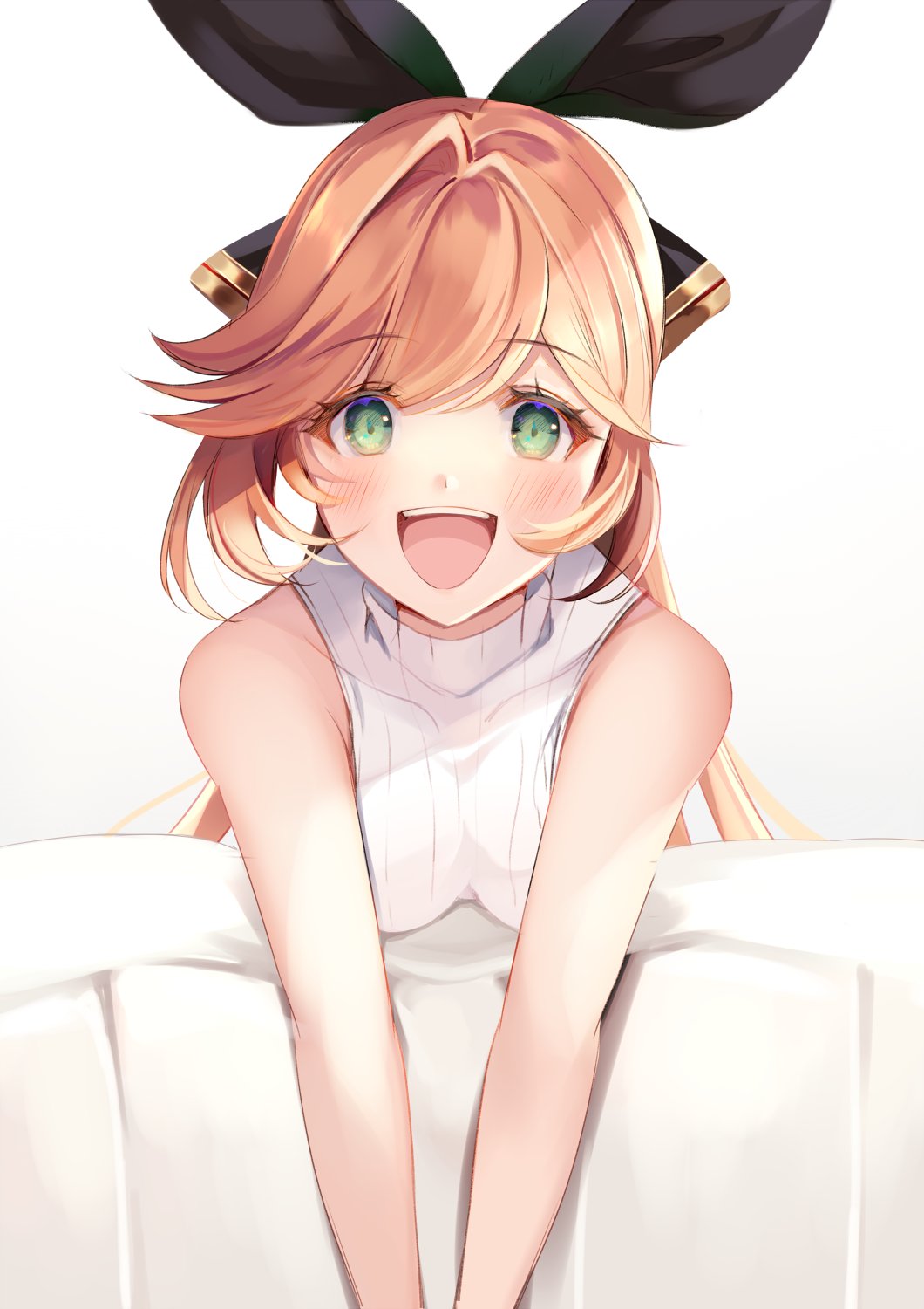 :d aoi_(kirabosi105) bent_over blonde_hair bow clarisse_(granblue_fantasy) couch granblue_fantasy green_eyes hair_bow highres looking_at_viewer open_mouth ponytail smile sweater white_sweater white_sweater_vest