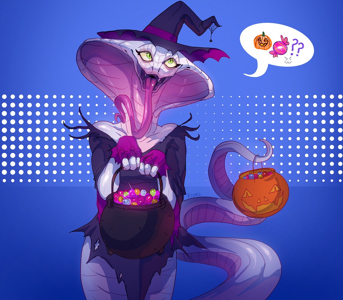 abstract_background agent_torque anthro apode candy clothing draconcopode dress female fivel food halloween hat headgear headwear holidays jack-o'-lantern naga reptile scalie serpentine smile snake solo tongue video_games viper_(x-com) witch_costume witch_hat x-com x-com:_chimera_squad