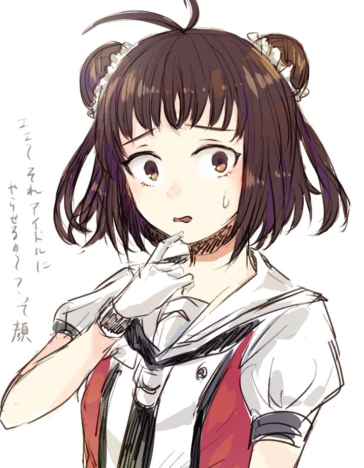 1girl antenna_hair bangs brown_eyes brown_hair double_bun gloves hagioshi hair_ornament hair_scrunchie kantai_collection naka_(kantai_collection) open_mouth remodel_(kantai_collection) sailor_collar scrunchie short_hair short_sleeves simple_background sketch solo translation_request upper_body white_background white_gloves