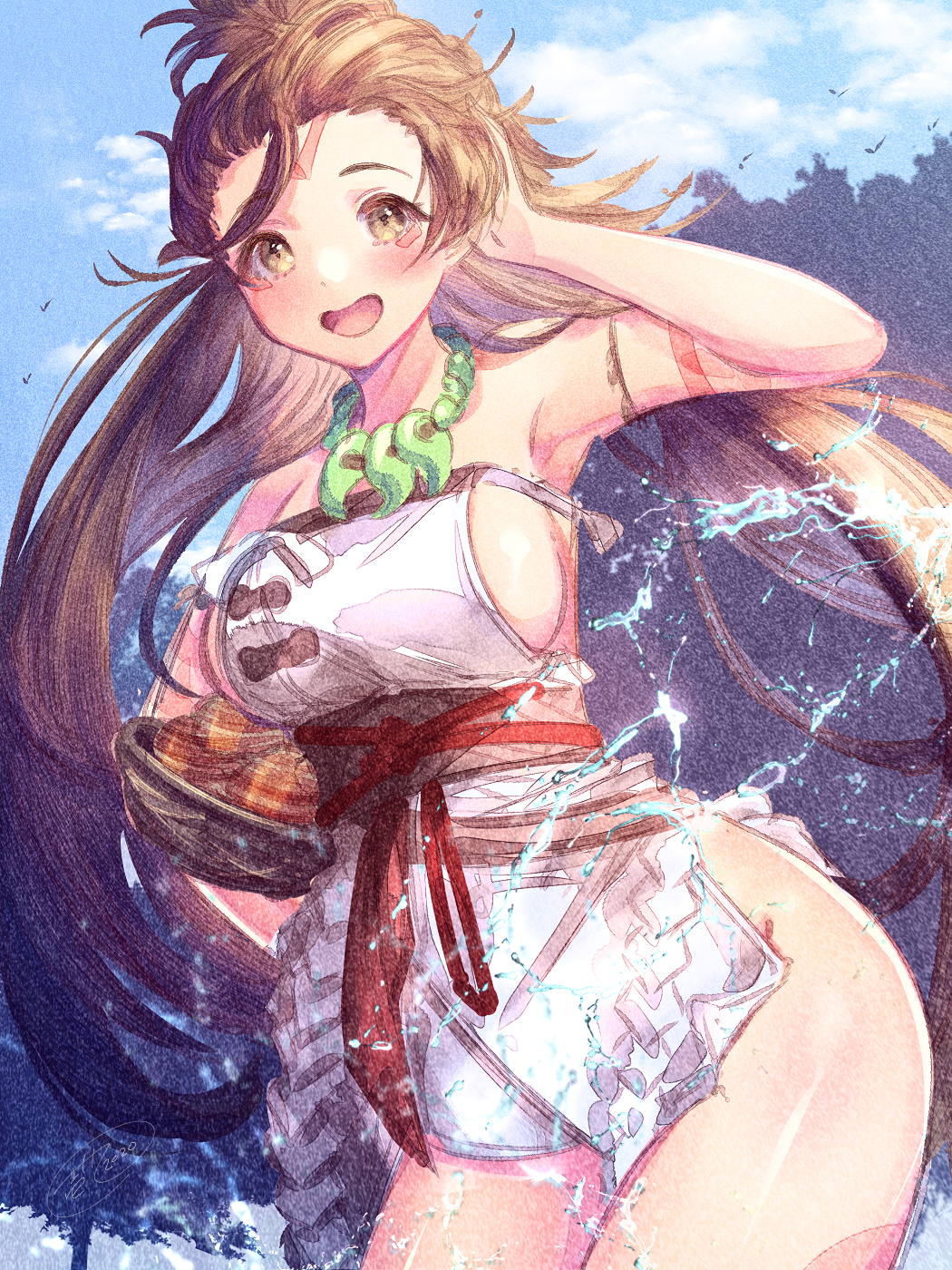 1girl bare_shoulders basket blush body_markings breasts brown_eyes brown_hair clam dress facial_mark fate/grand_order fate_(series) forehead forehead_mark highres himiko_(fate) ittokyu large_breasts long_hair looking_at_viewer magatama magatama_necklace open_mouth sash side_slit sideboob smile thighs topknot twintails white_dress