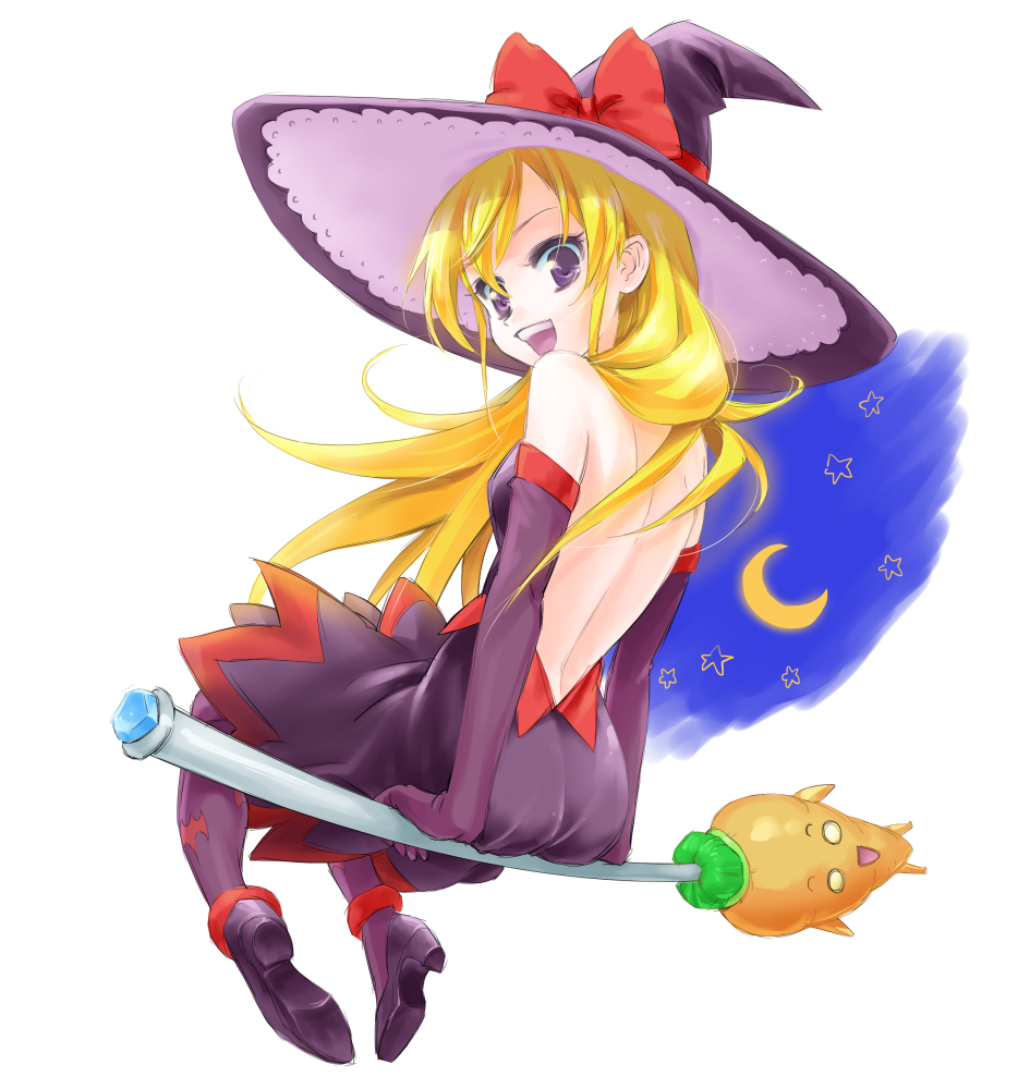 1girl :d backless_dress backless_outfit black_dress black_footwear blonde_hair bow broom broom_riding dokidoki!_precure dress elbow_gloves floating_hair from_behind full_body gloves hat hat_bow layered_dress long_hair open_mouth precure purple_dress purple_eyes purple_gloves purple_headwear purple_legwear red_bow regina_(dokidoki!_precure) shiny shiny_hair short_dress simple_background sleeveless sleeveless_dress smile solo tuqi_pix very_long_hair white_background witch_hat