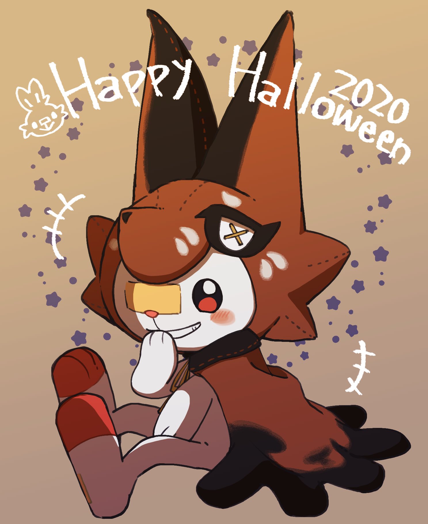 ao_anpk blush brown_eyes commentary_request cosplay dated full_body gen_8_pokemon hand_to_own_mouth happy_halloween highres nickit nickit_(cosplay) no_humans pokemon pokemon_(creature) scorbunny sitting smile solo star_(symbol) teeth