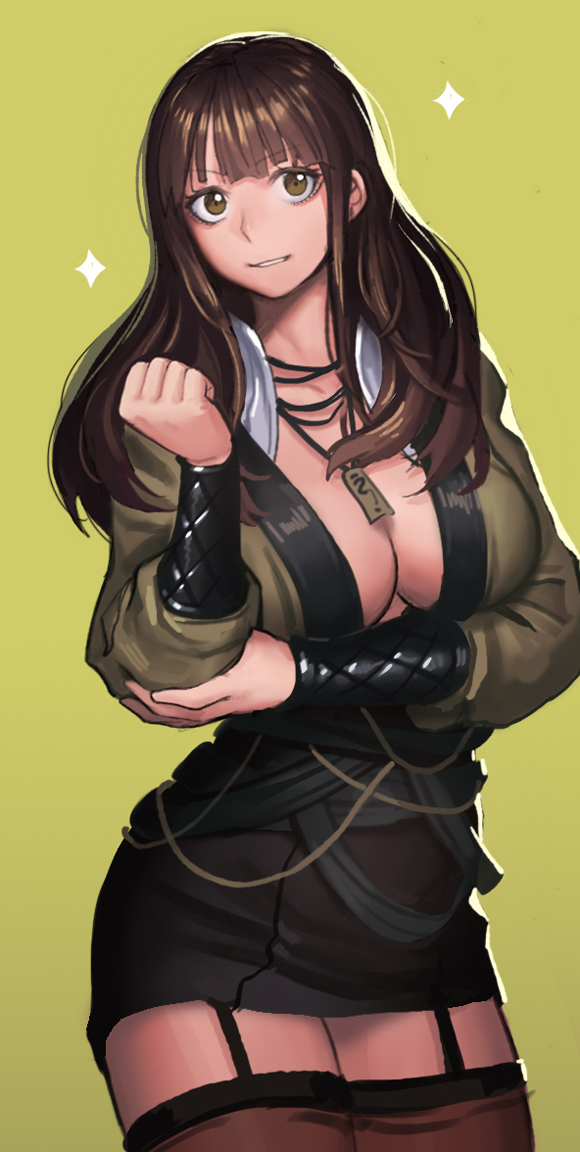1girl blade_&amp;_soul breasts brown_eyes brown_hair brown_legwear cain_(gunnermul) cleavage clenched_hand garter_straps green_background jewelry long_hair necklace parted_lips simple_background smile solo sparkle thighhighs