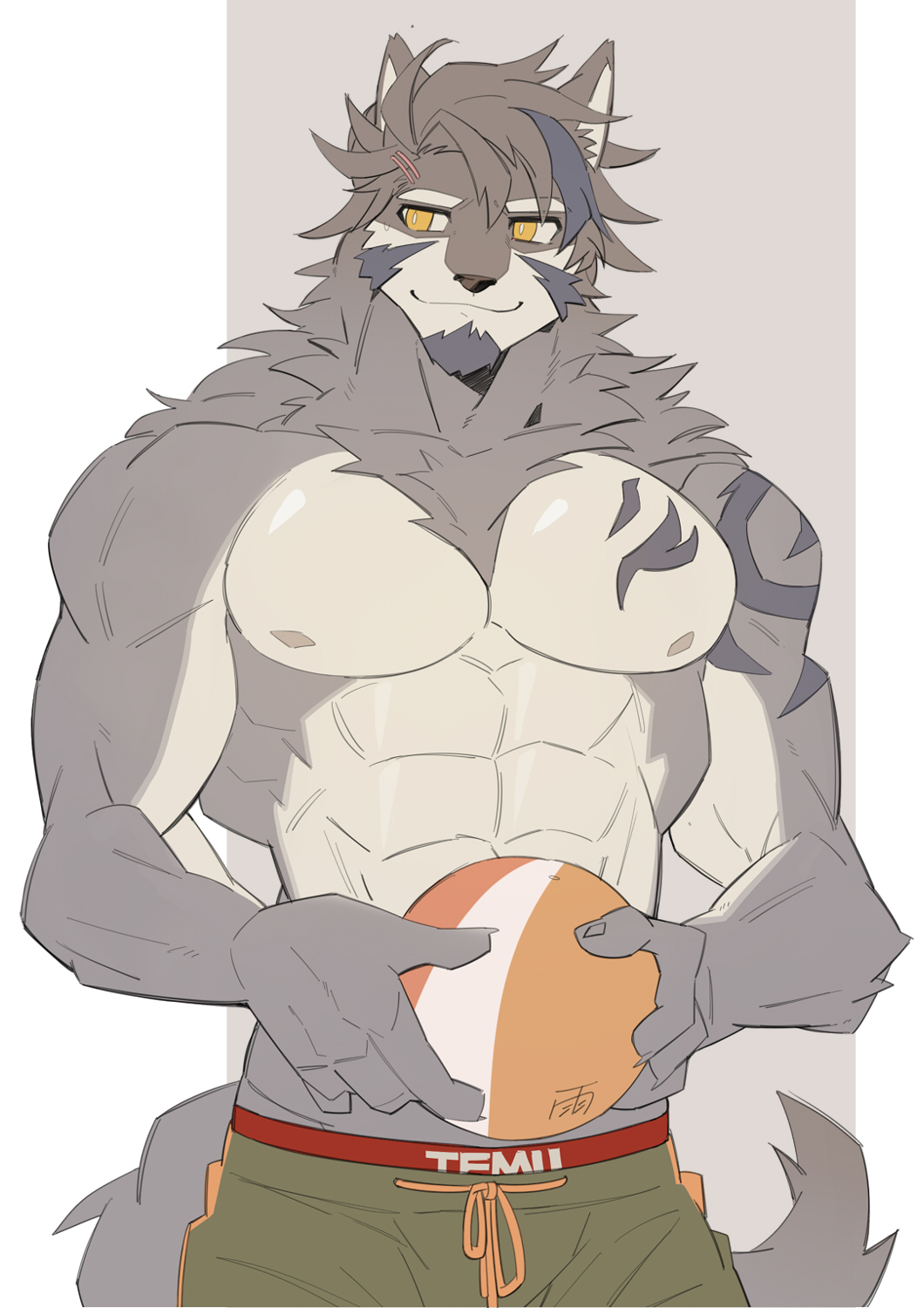 abs anthro canid canine canis clothing fur hachi_duchi hi_res male mammal muscular muscular_anthro muscular_male nipples pecs simple_background solo tattoo temujin tokyo_afterschool_summoners video_games white_body white_fur wolf