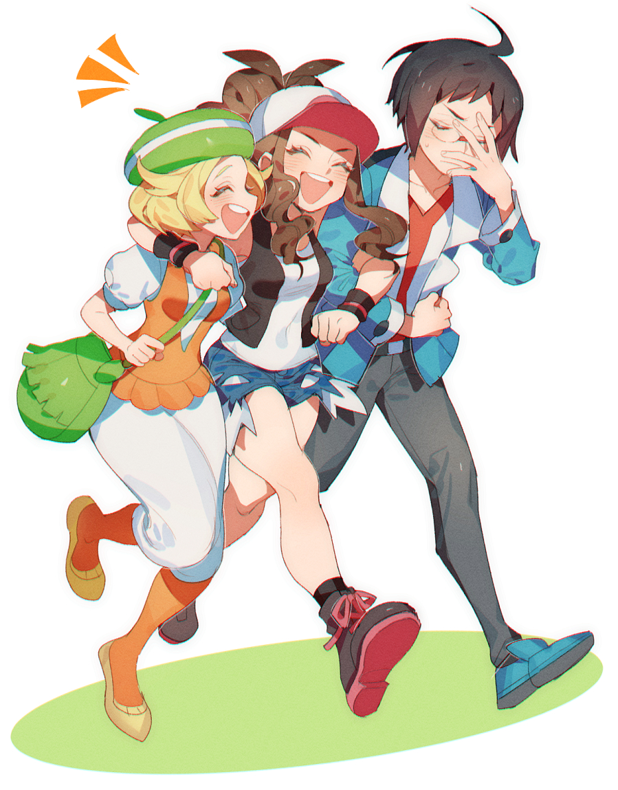 1boy 2girls ahoge baseball_cap belt belt_buckle bianca_(pokemon) black_hair black_legwear black_vest blonde_hair brown_hair buckle cheren_(pokemon) closed_eyes commentary_request denim denim_shorts glasses green_headwear hat hilda_(pokemon) jacket knees locked_arms long_hair long_sleeves multiple_girls open_mouth orange_legwear pantyhose pokemon pokemon_(game) pokemon_bw shirt shoes short_shorts shorts sidelocks sleeveless sleeveless_shirt smile socks teeth vest white_shirt wristband zuizi