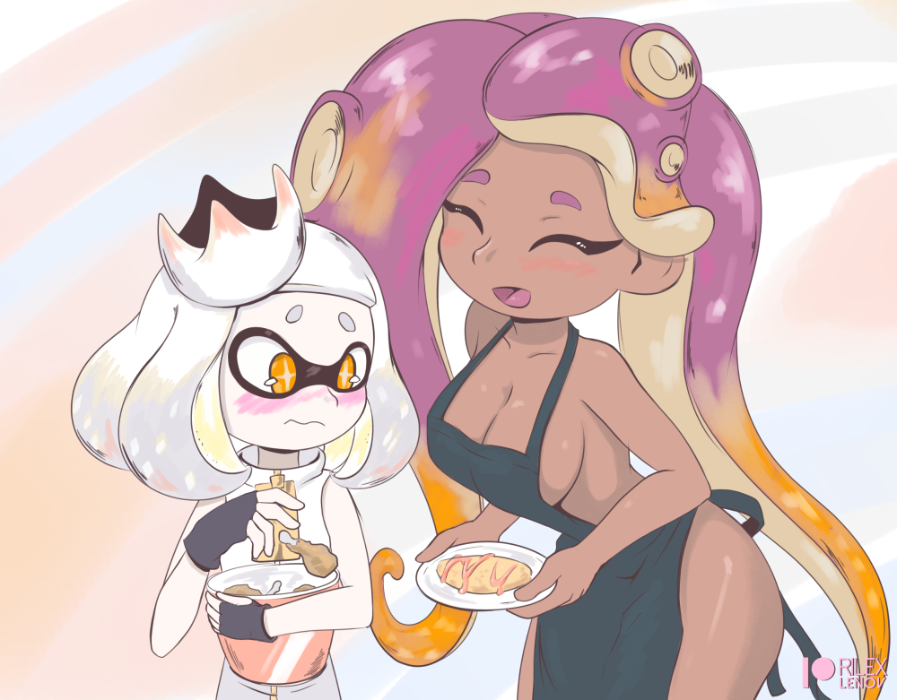 2020 animal_humanoid apron apron_only blush breasts cephalopod cephalopod_humanoid chicken_meat cleavage clothed clothing crown dark_skin duo eyes_closed female food fried_chicken humanoid inkling marina_(splatoon) marine marine_humanoid meat mollusk mollusk_humanoid mostly_nude nintendo octarian octoling off_the_hook_(splatoon) omelette open_mouth pearl_(splatoon) pseudo_hair rilex_lenov side_boob splatoon tentacle_hair tentacles tongue video_games
