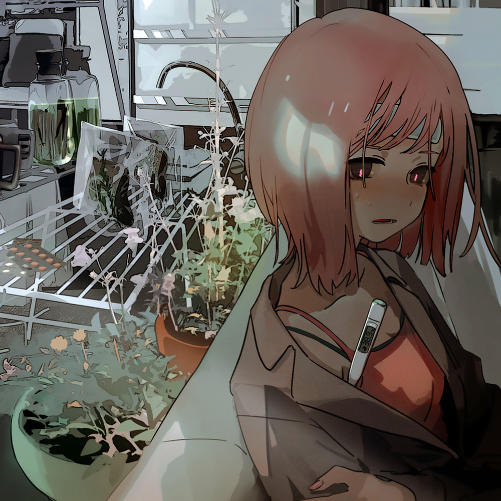 1girl blush bob_cut bra_strap brown_coat brown_eyes camisole coat fever from_side kukka looking_at_viewer medium_hair open_clothes open_coat original parted_lips pink_hair pink_pupils plant potted_plant sitting solo sweat symbol-shaped_pupils thermometer towel towel_on_head