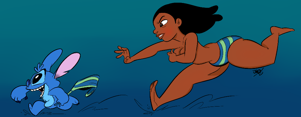 5_fingers aliasing alien ambiguous_gender angry bikini bikini_bottom bikini_top black_eyes black_hair blue_body blue_claws blue_fur blue_nose blush brown_eyes chasing chest_tuft claws clothed clothing covering covering_breasts digital_drawing_(artwork) digital_media_(artwork) disney duo experiment_(lilo_and_stitch) female fingers fur genosaurer gradient_background hair head_tuft holding_clothing human jmd lilo_and_stitch male_(lore) mammal nani_pelekai notched_ear open_mouth open_smile reaching running signature simple_background smile stitch_(lilo_and_stitch) swimwear thick_thighs topless tuft white_background