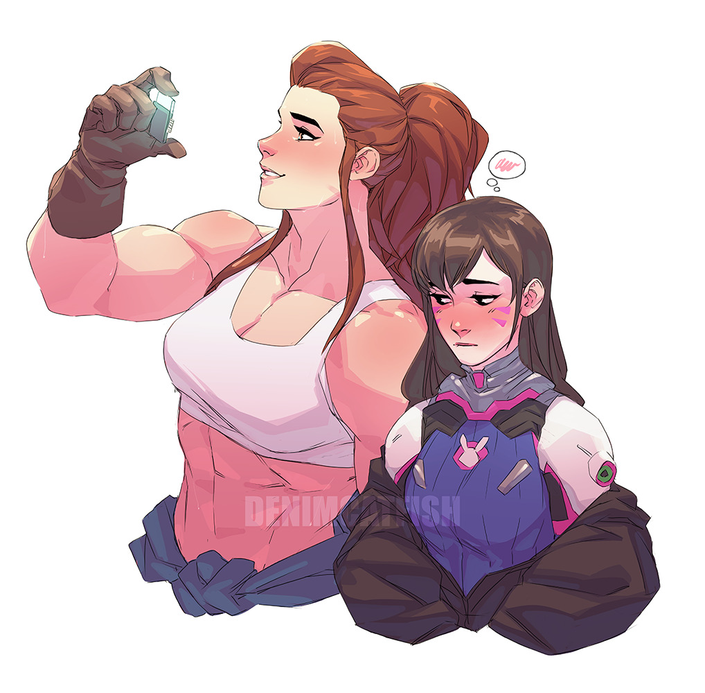 2girls abs blush bodysuit breasts brigitte_(overwatch) brown_gloves brown_hair cleavage clothes_around_waist commentary d.va_(overwatch) denimcatfish english_commentary gloves height_difference large_breasts light_brown_hair lips long_hair looking_at_another medium_breasts midriff multicolored multicolored_bodysuit multicolored_clothes multiple_girls muscle muscular_female nose nose_blush off-shoulder_jacket overwatch ponytail shoulder_pads sidelocks spoken_blush sports_bra sweat thick_eyebrows watermark whisker_markings white_sports_bra yuri