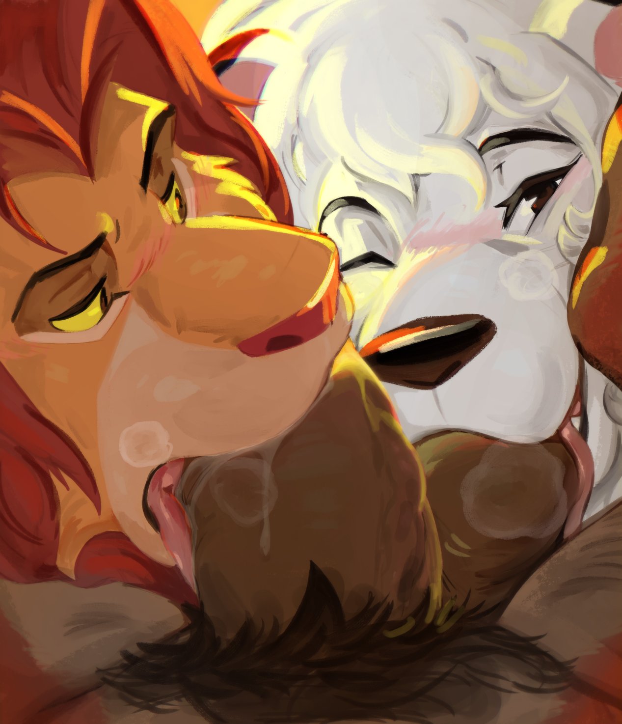 anthro ball_suck balls blush collaborative_fellatio dangpa disney felid fellatio fur genitals group hair hi_res kimba kimba_the_white_lion lion looking_at_viewer male male/male mammal oral orange_body orange_fur osamu_tezuka pantherine penile penis pubes red_hair sex simba smile sucking the_lion_king tongue white_body white_fur white_hair yellow_sclera