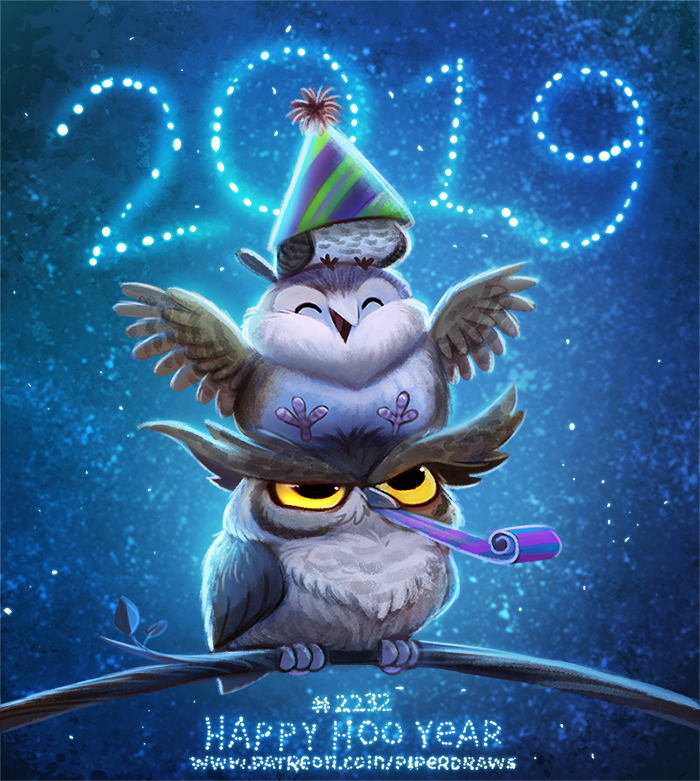 2019 ambiguous_gender annoyed avian bird branch brown_feathers cryptid-creations eyes_closed feathered_wings feathers feral group happy hat holidays humor new_year night open_mouth owl party_hat party_horn pun white_feathers wings wood yellow_eyes