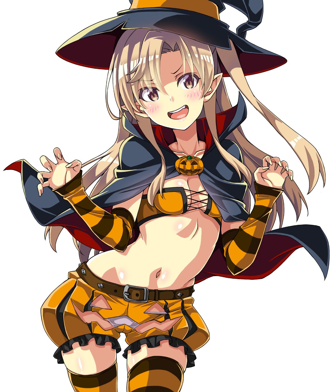 1girl arm_warmers azur_lane belt black_cape black_headwear blonde_hair breasts brown_belt cape claw_pose cleveland_(azur_lane) clothing_cutout collarbone colored_stripes cowboy_shot cross-laced_clothes cross-laced_top crotch_cutout halloween halloween_costume hat highres jack-o'-lantern jack-o'-lantern_cutout light_blush long_hair looking_at_viewer macaroni_hourensou midriff multicolored multicolored_cape multicolored_clothes navel open_mouth panties pointy_ears pumpkin pumpkin_pants red_cape red_eyes simple_background small_breasts smile solo standing striped striped_legwear thighhighs underwear white_background white_panties witch_hat