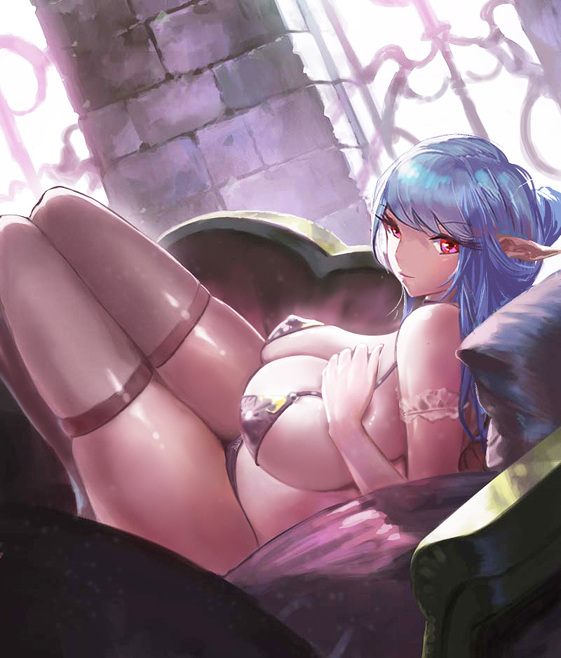 1girl armlet bangs bare_shoulders black_legwear blue_hair breasts cleavage closed_mouth couch covered_nipples eyebrows_visible_through_hair fantasy hand_on_own_chest large_breasts legs_up long_hair lying masamsa on_back original pillow pointy_ears red_eyes scenery skindentation thighhighs window