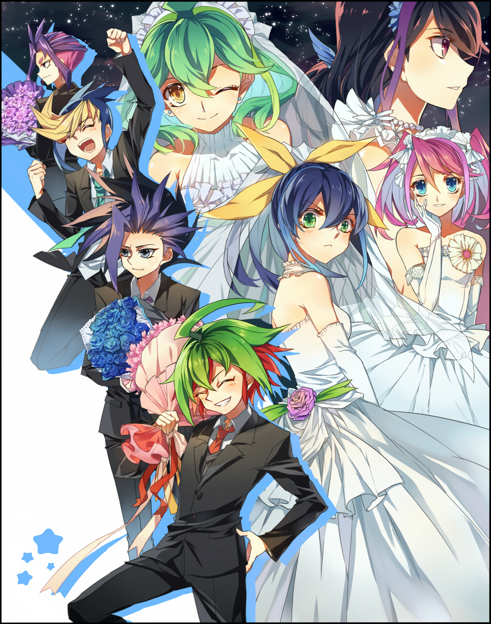 4boys 4girls black_hair blue_eyes blue_flower blue_hair bouquet brown_eyes clenched_hand dress elbow_gloves flower formal gloves green_eyes green_hair hair_between_eyes hair_ornament hair_ribbon hand_on_hip hand_on_own_face highres hiiragi_yuzu holding looking_to_the_side modela_(baka_x_orange) multicolored_hair multiple_boys multiple_girls necktie one_eye_closed pink_flower pink_hair purple_flower ribbon rin_(yuu-gi-ou_arc-v) sakaki_yuuya serena_(yuu-gi-ou_arc-v) smile spiked_hair star_(symbol) starry_background suit two-tone_hair veil wedding_dress yellow_eyes yu-gi-oh! yu-gi-oh!_arc-v yuri_(yuu-gi-ou_arc-v) yuuto_(yuu-gi-ou_arc-v)