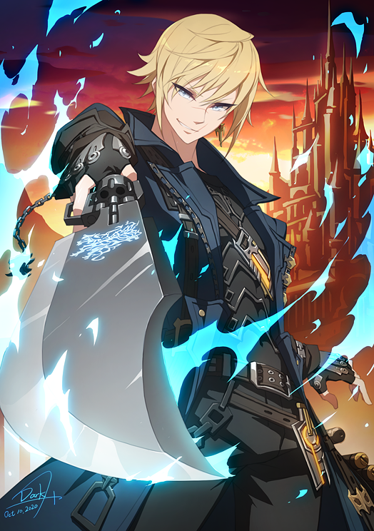 1other androgynous arm_at_side arm_up armor blonde_hair blue_eyes blue_fire breastplate castle cloud coat collared_coat commission dark.h dated earrings fictional_persona final_fantasy final_fantasy_xiv fingerless_gloves fire foreshortening gloves gun gunblade gunbreaker_(final_fantasy) holding holding_gun holding_sword holding_weapon hyur jewelry open_clothes open_coat pants scar short_hair sidelocks signature single_earring sky smirk sword trigger_discipline tsurime twilight upper_body weapon