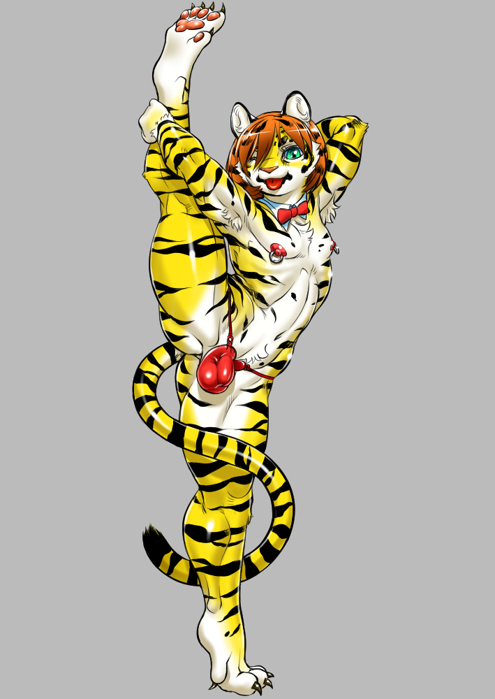 2020 anthro athletic athletic_anthro bow_tie bow_tie_only brown_hair bulge digitigrade felid flexible fur girly hair kuro-gane male mammal mostly_nude nipple_piercing nipple_ring nipples pantherine pawpads paws piercing raised_leg simple_background solo splits spread_legs spreading stripes tiger tongue tongue_out white_body white_fur yellow_body yellow_fur