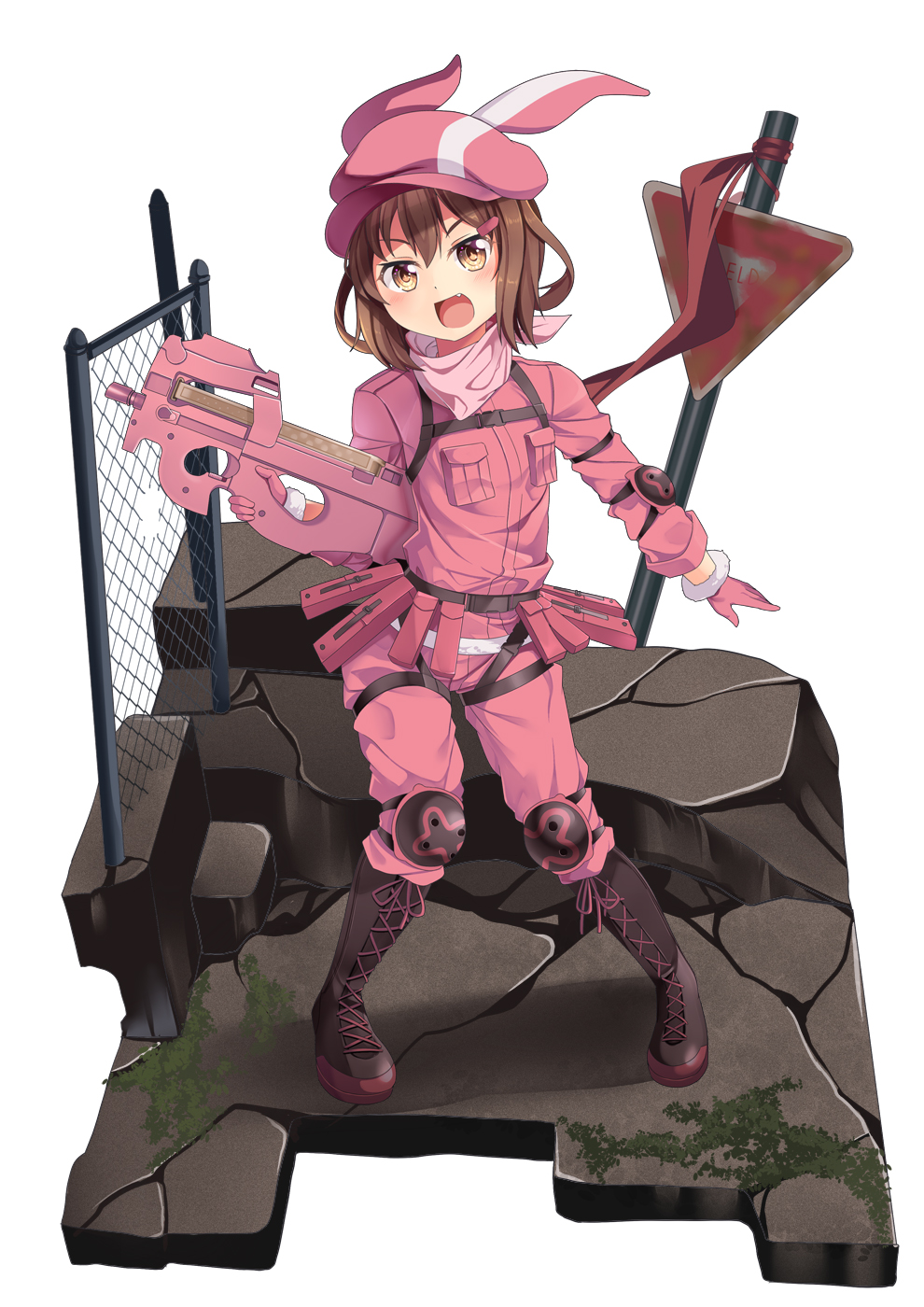 1girl :d animal_ears animal_hat bangs blush boots breast_pocket brown_eyes brown_footwear brown_hair bullpup bunny_ears bunny_hat chain-link_fence commentary_request cosplay cracked_floor cross-laced_footwear elbow_pads eyebrows_behind_hair fang fence full_body fur-trimmed_gloves fur_trim gloves gun hair_between_eyes hair_ornament hairclip hat highres holding holding_gun holding_weapon ikazuchi_(kantai_collection) jacket kantai_collection knee_boots knee_pads lace-up_boots llenn_(sao) llenn_(sao)_(cosplay) long_sleeves looking_at_viewer open_mouth p-chan_(p-90) p90 pants pink_bandana pink_gloves pink_headwear pink_jacket pink_pants pink_scarf pocket road_sign scarf short_hair sidelocks sign simple_background smile snap-fit_buckle solo standing submachine_gun sword_art_online sword_art_online_alternative:_gun_gale_online weapon white_background yasume_yukito