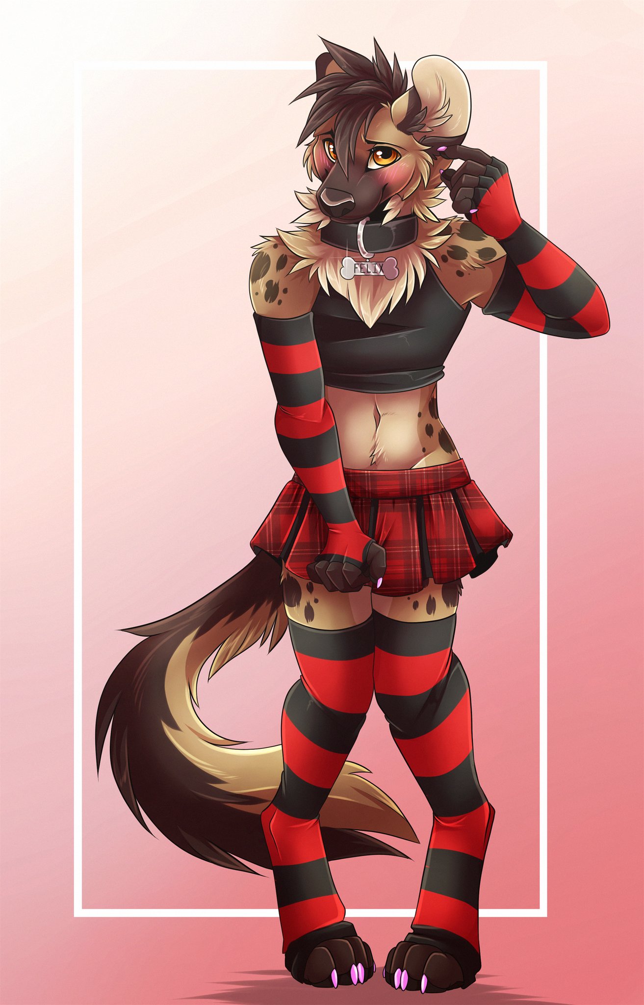 anthro arm_warmers armwear blush bottomwear clothed clothing collar colored_nails crop_top crossdressing felix_(kingofyeens) fluffy fluffy_tail girly hi_res hyaenid inner_ear_fluff legwear looking_at_another male mammal nails neck_tuft orange_eyes plaid_skirt shirt skirt skirt_pull smile solo spots spotted_hyena thigh_highs topwear tuft waywardlycan