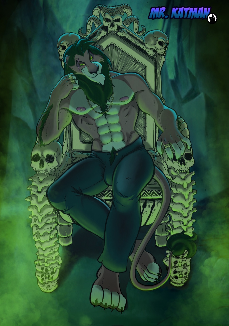 abs anthro armpit_hair body_hair bone bulge chain_necklace chair clothed clothing disney felid furniture hi_res lion male mammal mrkatman nipples pantherine ring scar_(the_lion_king) sitting skull solo the_lion_king throne topless