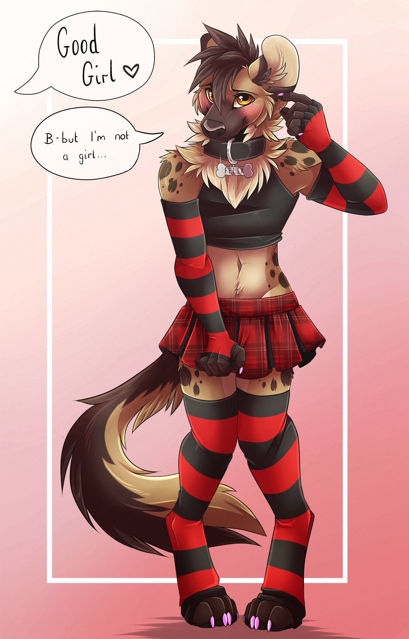 &lt;3 anthro arm_warmers armwear blush bottomwear clothed clothing collar colored_nails crop_top crossdressing dialogue felix_(kingofyeens) fluffy fluffy_tail girly good_girl hi_res hyaenid inner_ear_fluff legwear looking_at_another male mammal nails neck_tuft orange_eyes plaid_skirt shirt skirt skirt_pull smile solo speech_bubble spots spotted_hyena text thigh_highs topwear tuft waywardlycan