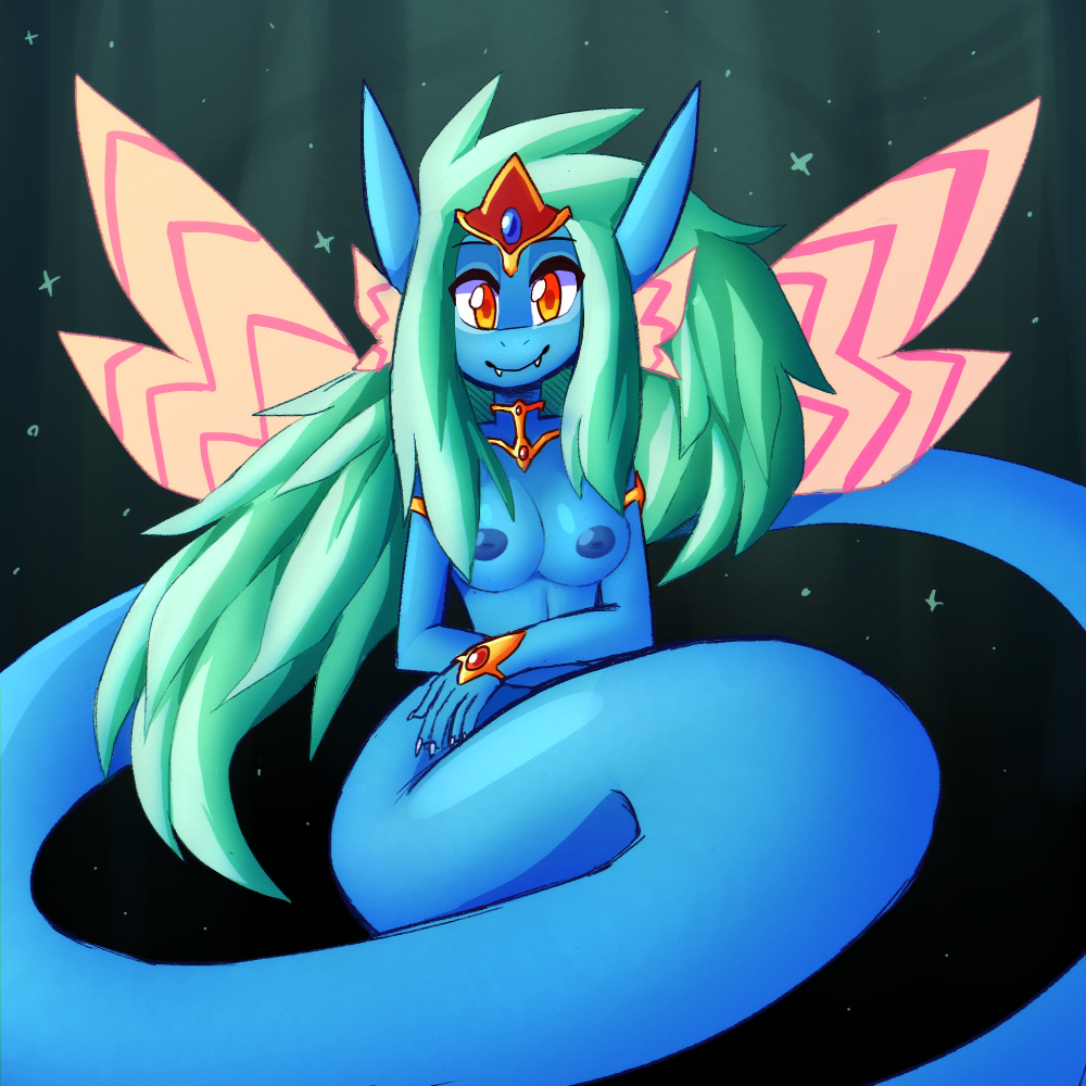 1:1 2020 amber_eyes ancient_fairy_dragon anthro anthrofied blue_body blue_nipples bracelet breasts digital_media_(artwork) dragon female green_background green_hair hair inget jewelry konami long_hair nipples nude serpentine simple_background solo yu-gi-oh