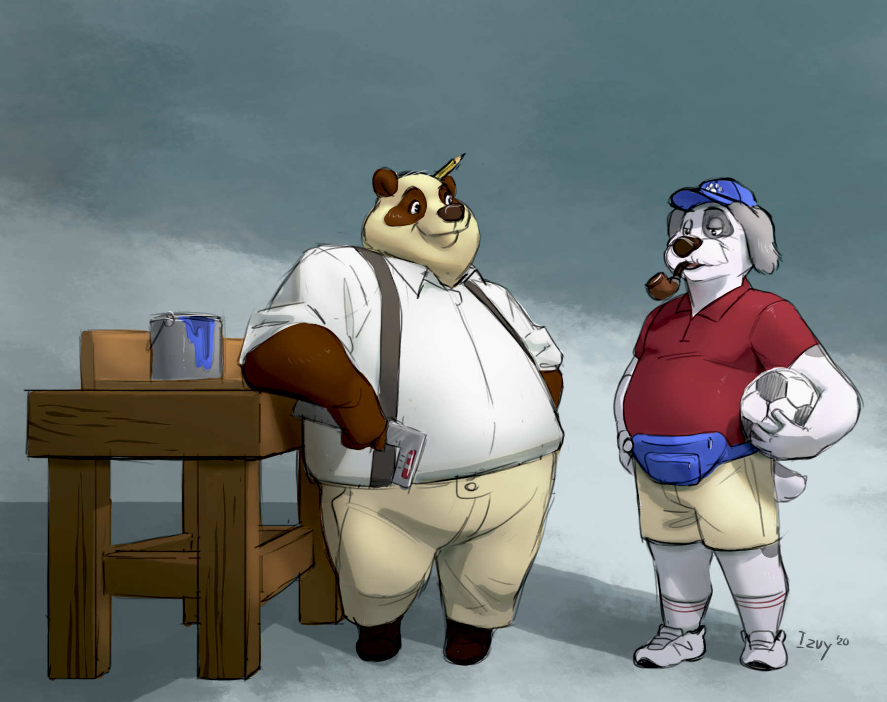 2020 24:19 anthro arm_support ball barnaby_(overzen) belly big_belly black_nose brown_body brown_fur canid canine canis clothed clothing digital_drawing_(artwork) digital_media_(artwork) domestic_dog dress_shirt duo fanny_pack fur giant_panda grey_body grey_fur herding_dog hi_res izvy_(artist) leaning leaning_on_elbow male mammal max_panda multicolored_body multicolored_fur old_english_sheepdog overweight overweight_male overzen_(characters) paint pastoral_dog pencil_(object) protractor sheepdog shirt simple_background smile smoking_pipe soccer_ball suspenders tan_body tan_fur topwear two_tone_body two_tone_fur ursid white_body white_fur