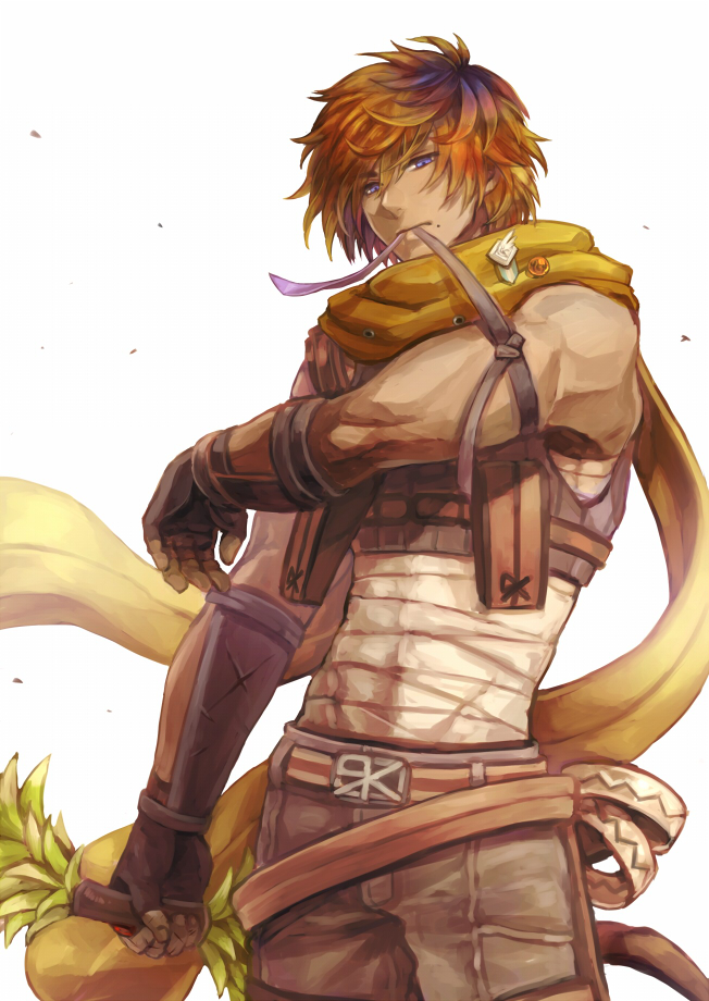 1boy arm_guards bandages bangs belt belt_buckle blue_eyes bow_(weapon) brown_gloves brown_shorts brown_vest buckle cowboy_shot fingerless_gloves gloves hair_between_eyes holding holding_bow_(weapon) holding_weapon long_scarf looking_at_viewer male_focus misuguu mole mole_under_mouth mouth_hold muscle orange_hair pin ragnarok_online ranger_(ragnarok_online) scarf short_hair shorts simple_background sleeveless solo standing tourniquet utility_belt vest weapon white_background yellow_scarf