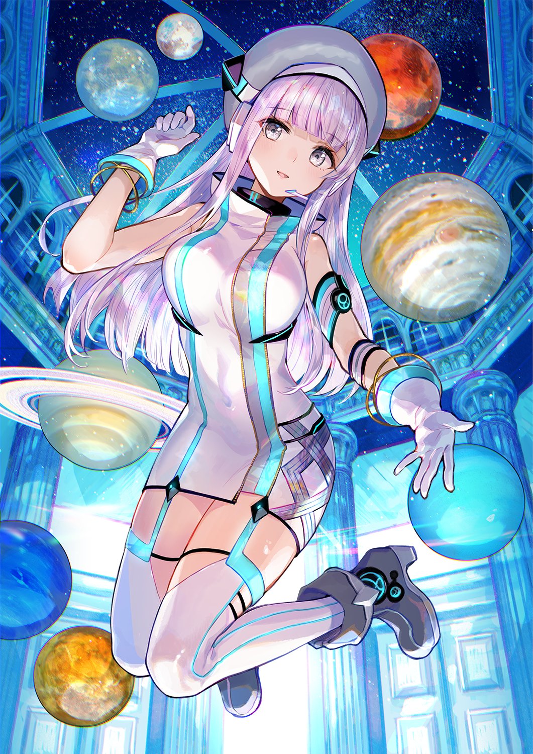 1girl bare_shoulders boots breasts character_request d4dj dress fuzichoco gloves grey_eyes grey_headwear hand_up hat headphones high_collar highres indoors large_breasts legs_up long_hair looking_at_viewer midair parted_lips planetarium sleeveless sleeveless_dress solo thighhighs white_dress white_gloves white_hair white_legwear zettai_ryouiki