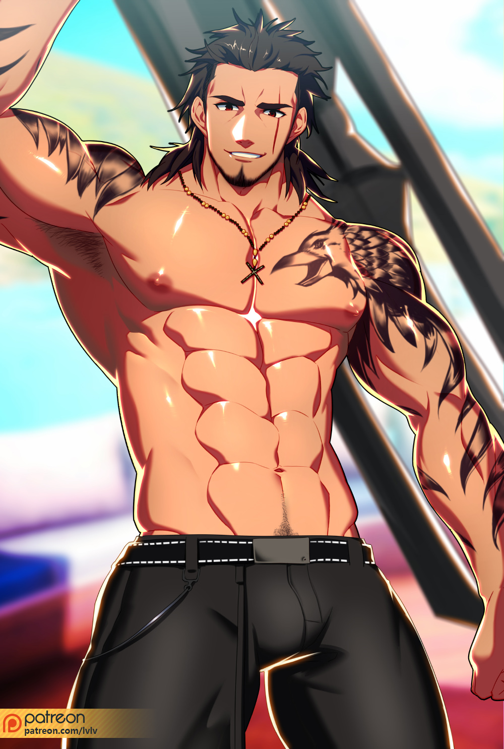 1boy abs arm_up armpits bara bare_chest beard black_hair black_pants bulge chest facial_hair final_fantasy final_fantasy_xv gladiolus_amicitia highres jewelry looking_at_viewer lvlv male_focus medium_hair muscle navel navel_hair necklace nipples pants scar scar_across_eye shirtless shoulder_tattoo solo tattoo thick_thighs thighs