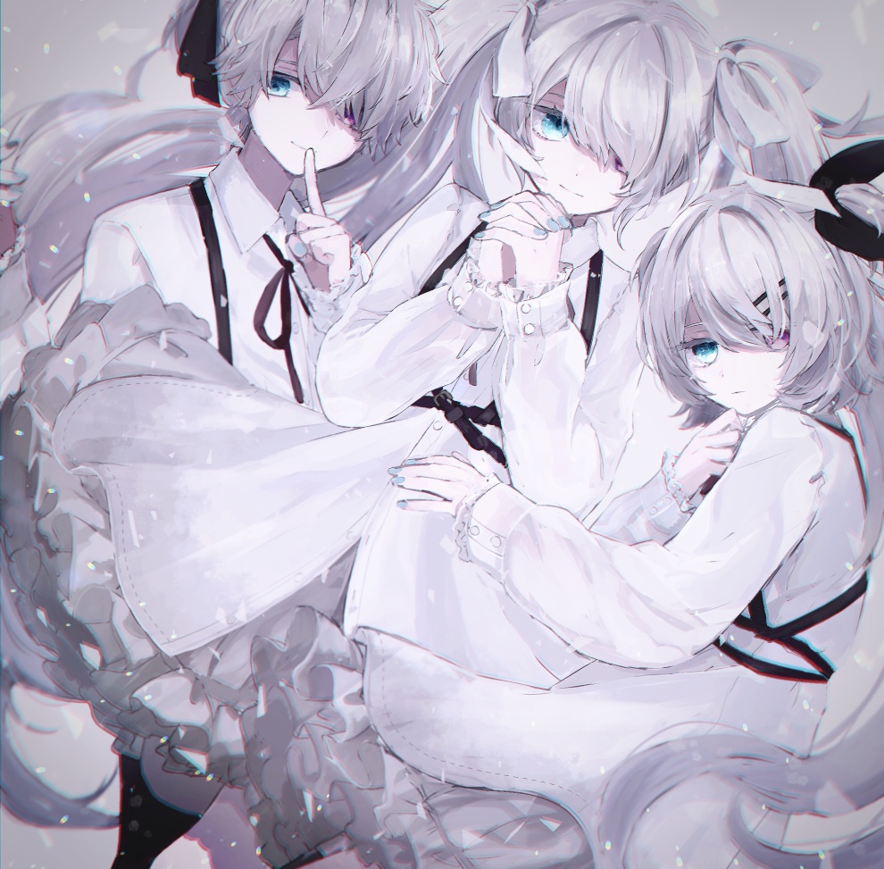 1boy 2girls aqua_eyes aqua_nails belt black_belt black_neckwear black_ribbon buttons clenched_hand commentary dot_nose dress ebi_(yzpiyo039) expressionless feet_out_of_frame finger_to_mouth frilled_dress frilled_sleeves frills hair_ornament hair_ribbon hairclip hand_on_another's_chest hand_to_own_mouth hands_clasped hatsune_miku heterochromia kagamine_len kagamine_rin multiple_girls necktie own_hands_together project_sekai red_eyes ribbon smile suspenders vocaloid white_ribbon white_theme