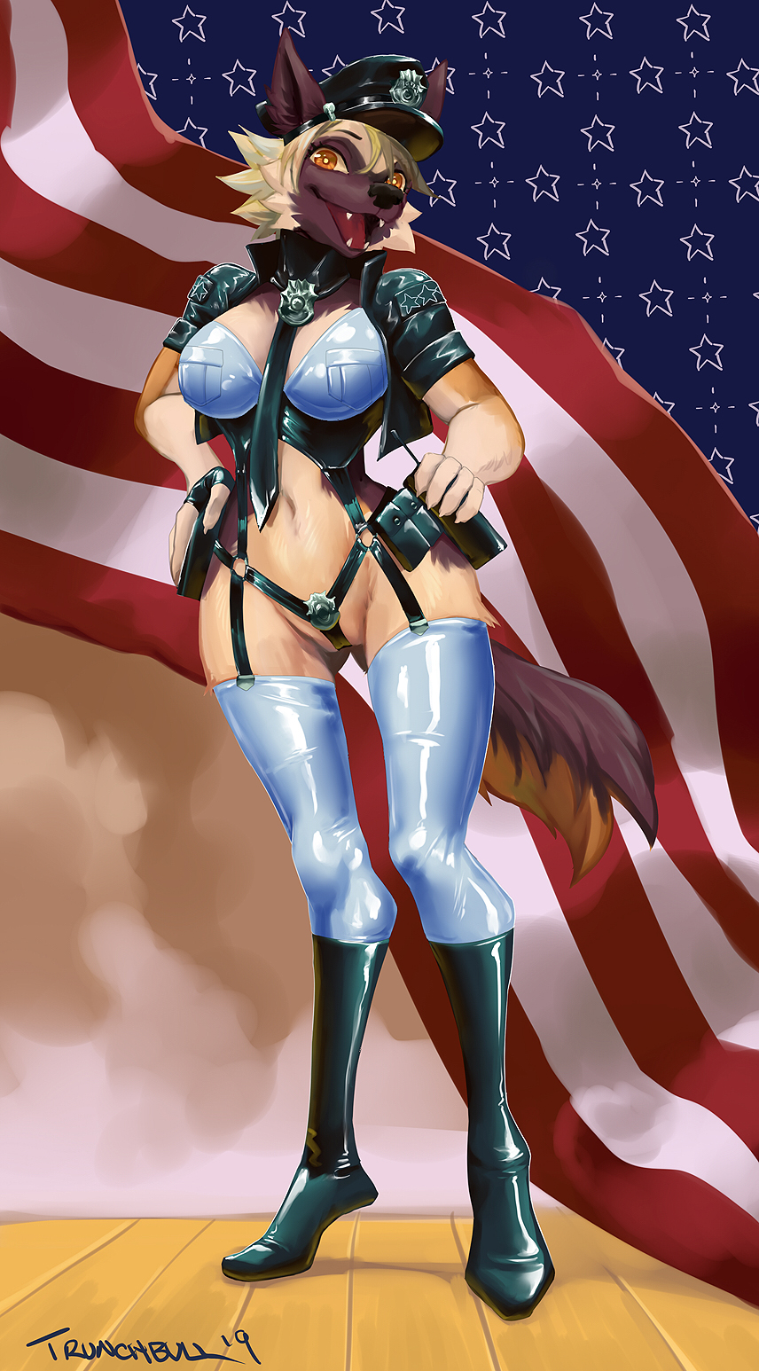 anthro badge big_breasts breasts brown_eyes canid canine canis clothed clothing domestic_dog female german_shepherd hat headgear headwear herding_dog hi_res looking_at_viewer mammal mensies pastoral_dog police_hat police_uniform pouches roxy_(trunchbull) signature skimpy solo stars_and_stripes straps thick_thighs tight_clothing uniform united_states_of_america