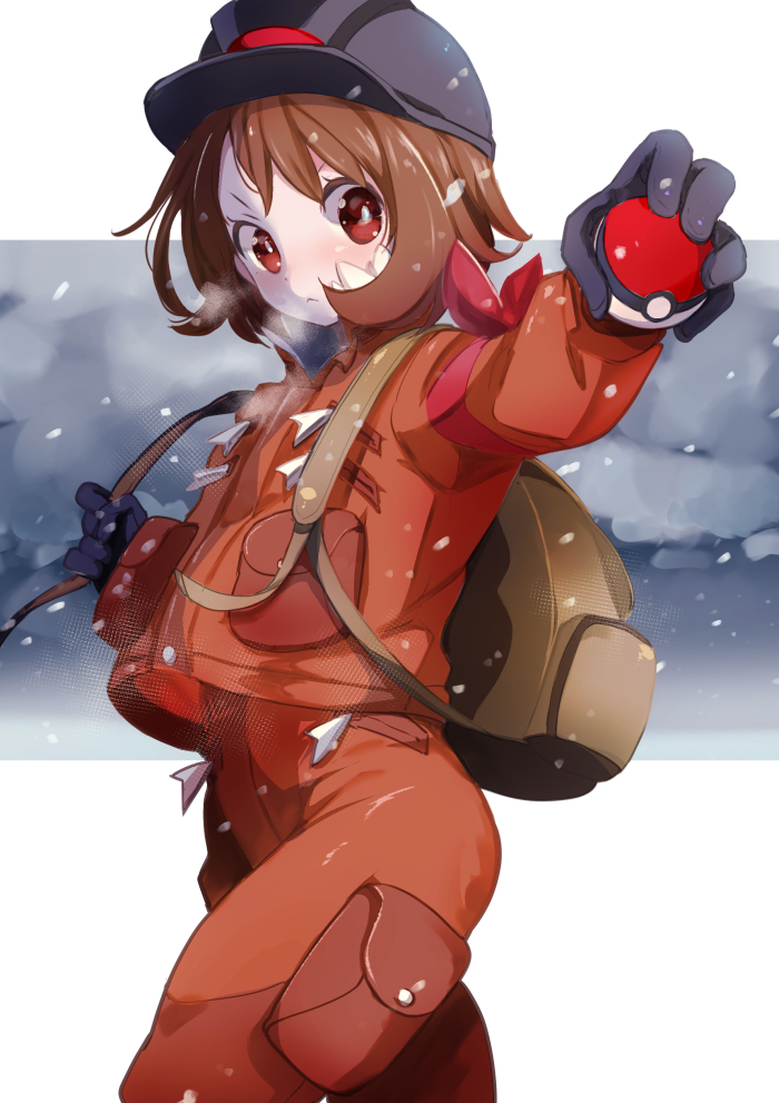 1girl arm_ribbon backpack bag bangs black_gloves black_headwear blush brown_backpack brown_eyes brown_hair chorimokki closed_mouth commentary_request expedition_uniform eyelashes gloria_(pokemon) gloves helmet holding holding_poke_ball holding_strap jacket looking_to_the_side orange_jacket orange_pants outstretched_arm poke_ball poke_ball_(basic) pokemon pokemon_(game) pokemon_swsh red_ribbon ribbon solo