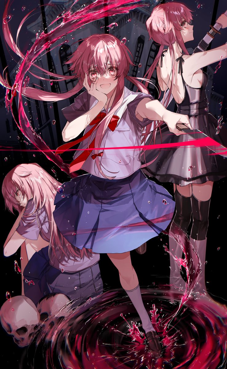 1girl black_dress dress fuuna_(conclusion) gasai_yuno hand_on_own_face highres knife long_hair looking_at_viewer mirai_nikki multiple_persona multiple_views pink_eyes pink_hair school_uniform skull smile spoilers standing yandere yandere_trance younger